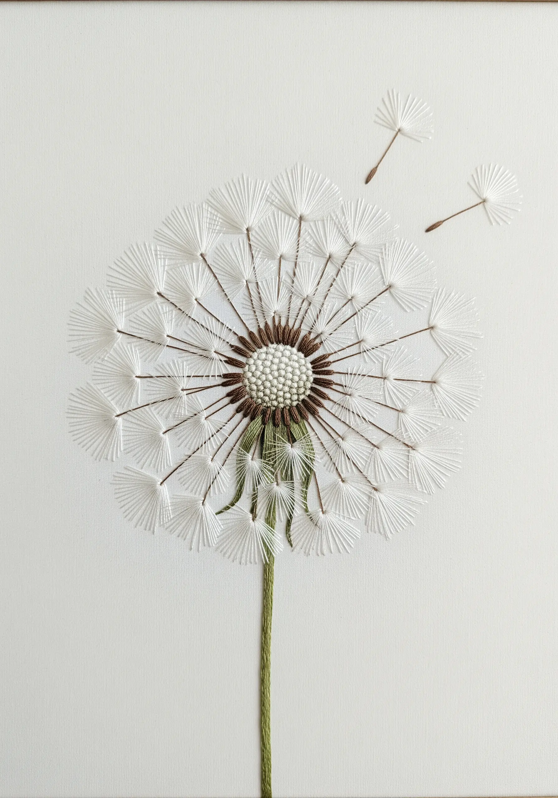 A delicate dandelion head embroidered with fine white straight stitches on a white background.