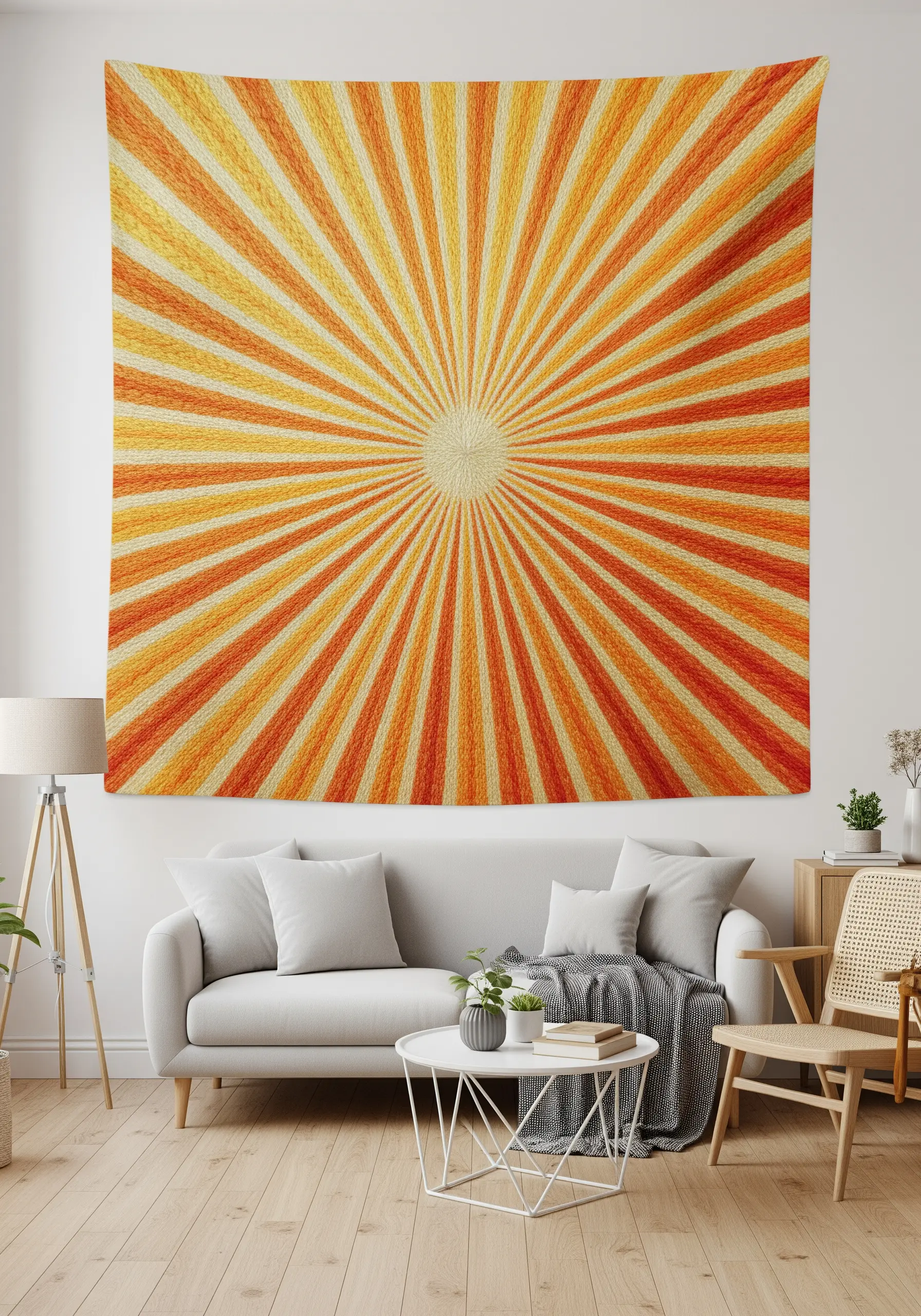 A large tapestry with radiating satin stitches in shades of orange and yellow, creating a sunburst effect.
