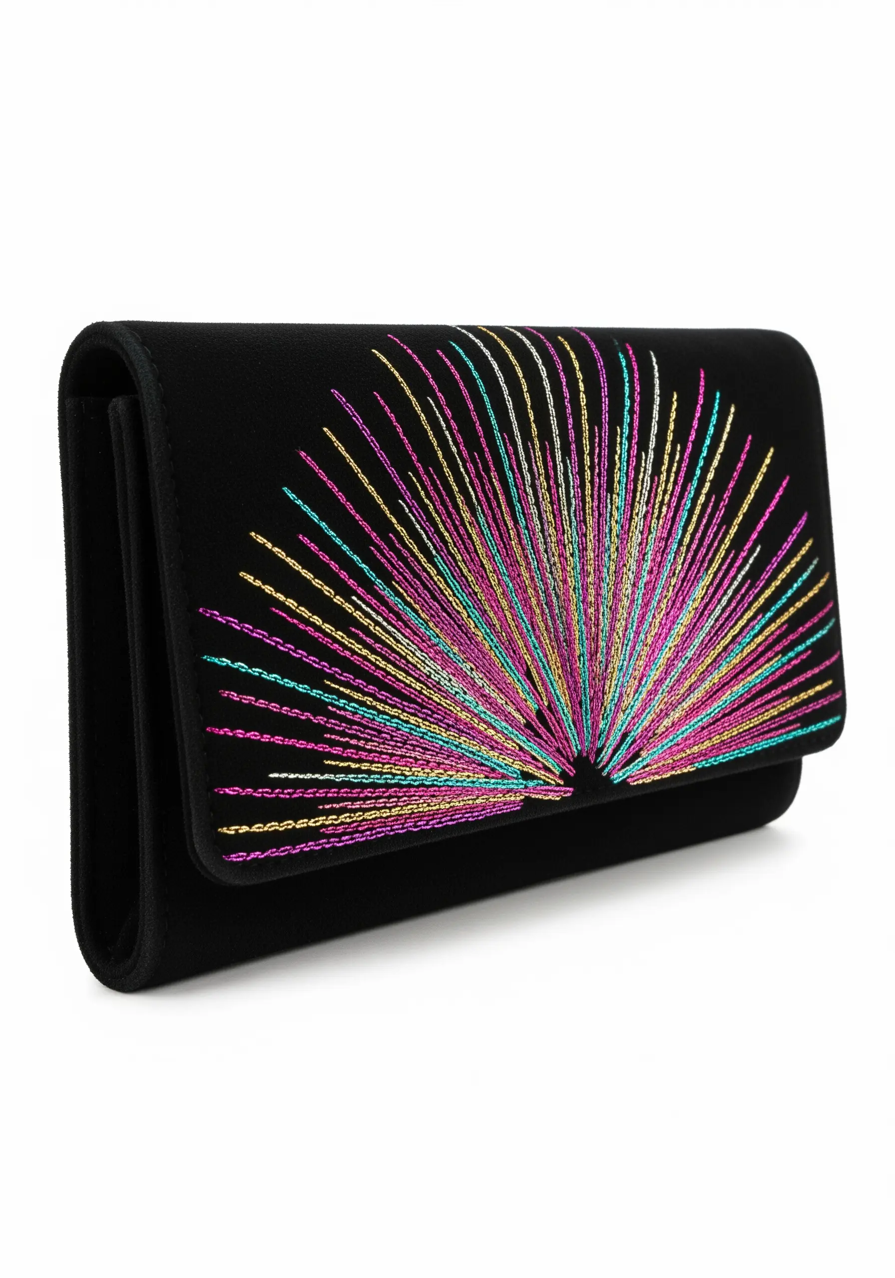 A black clutch with a firework-like burst of colorful radiating metallic stitches.