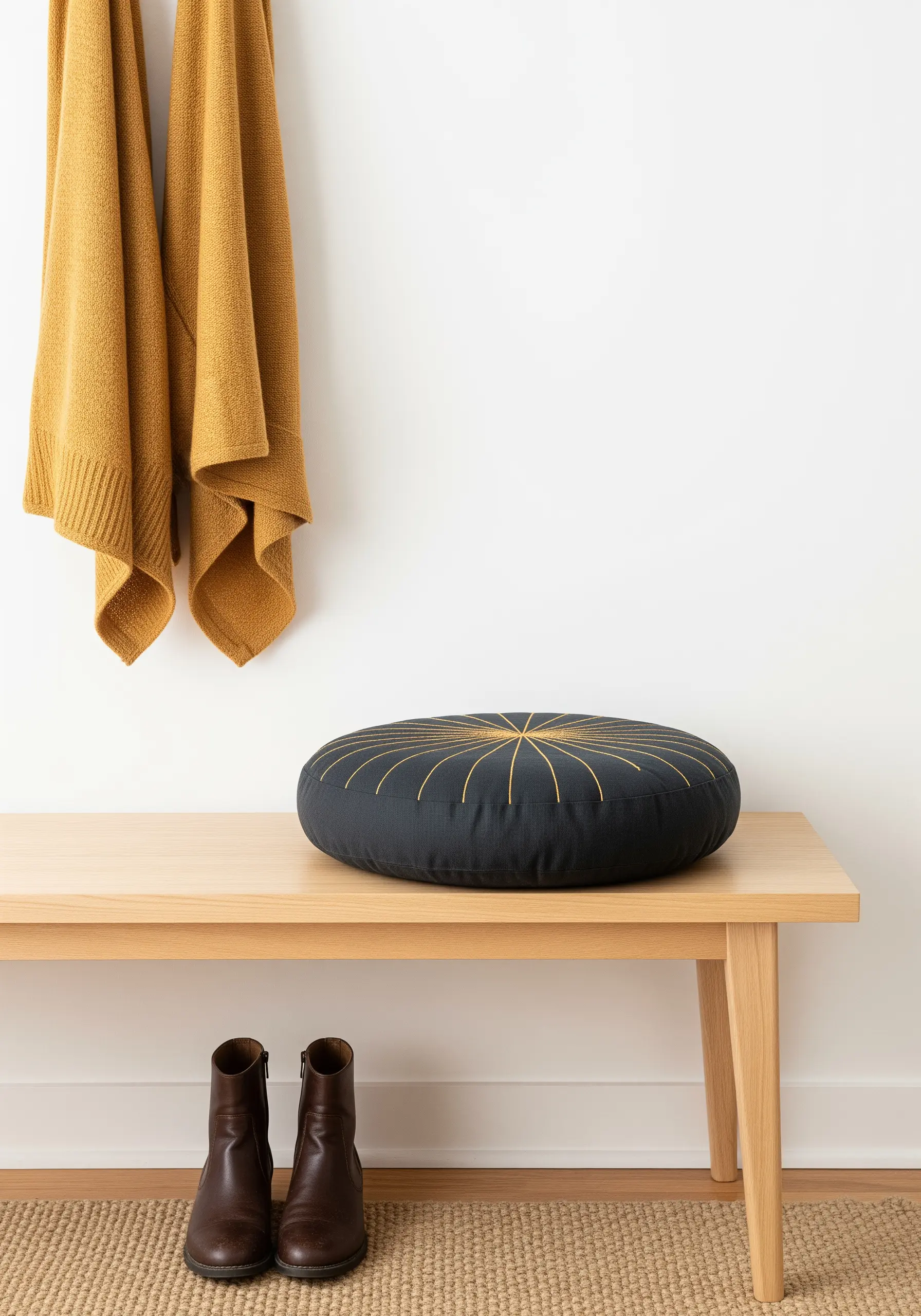 A dark gray round floor cushion with radiating lines of gold thread stitched from the center.