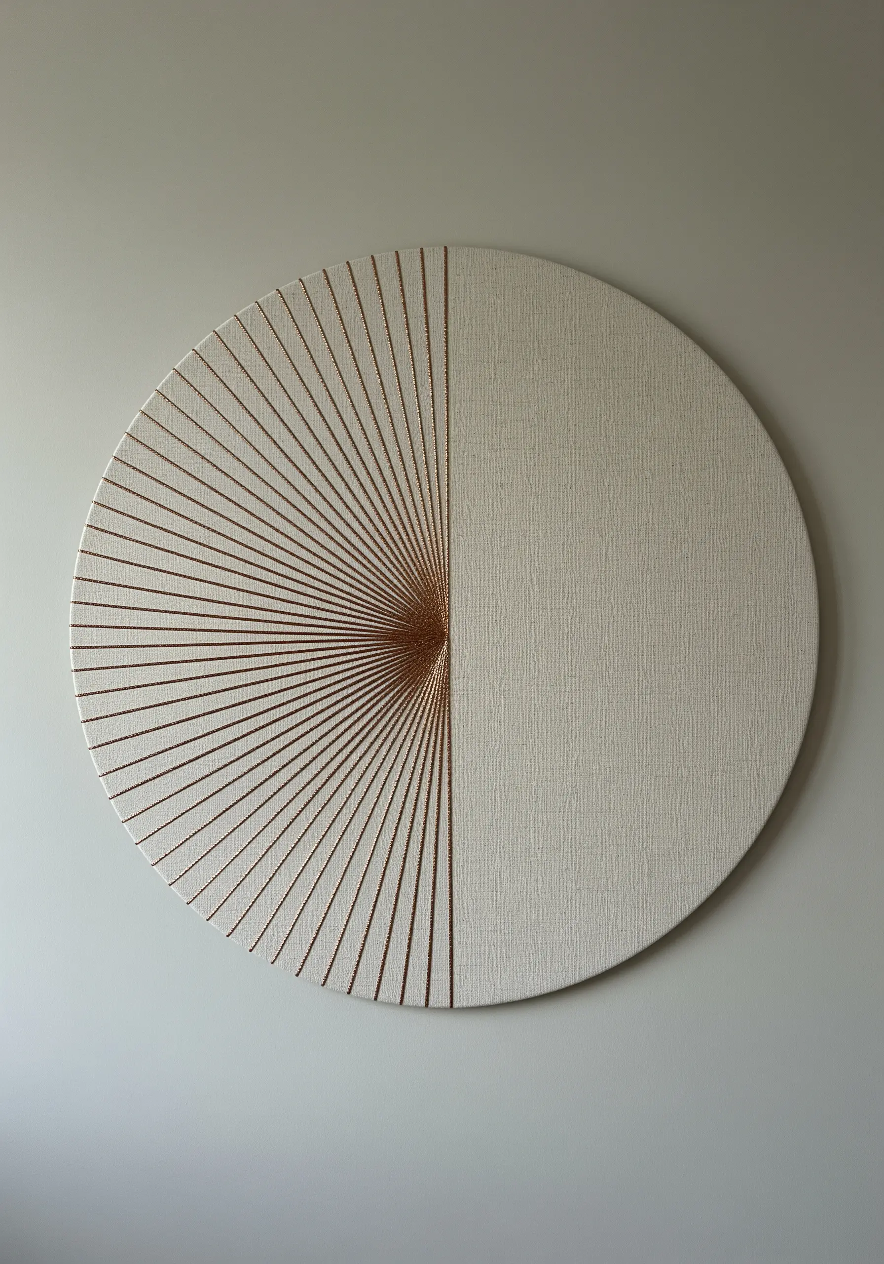 Gold threads radiating from a central point to the edge of a circular canvas.