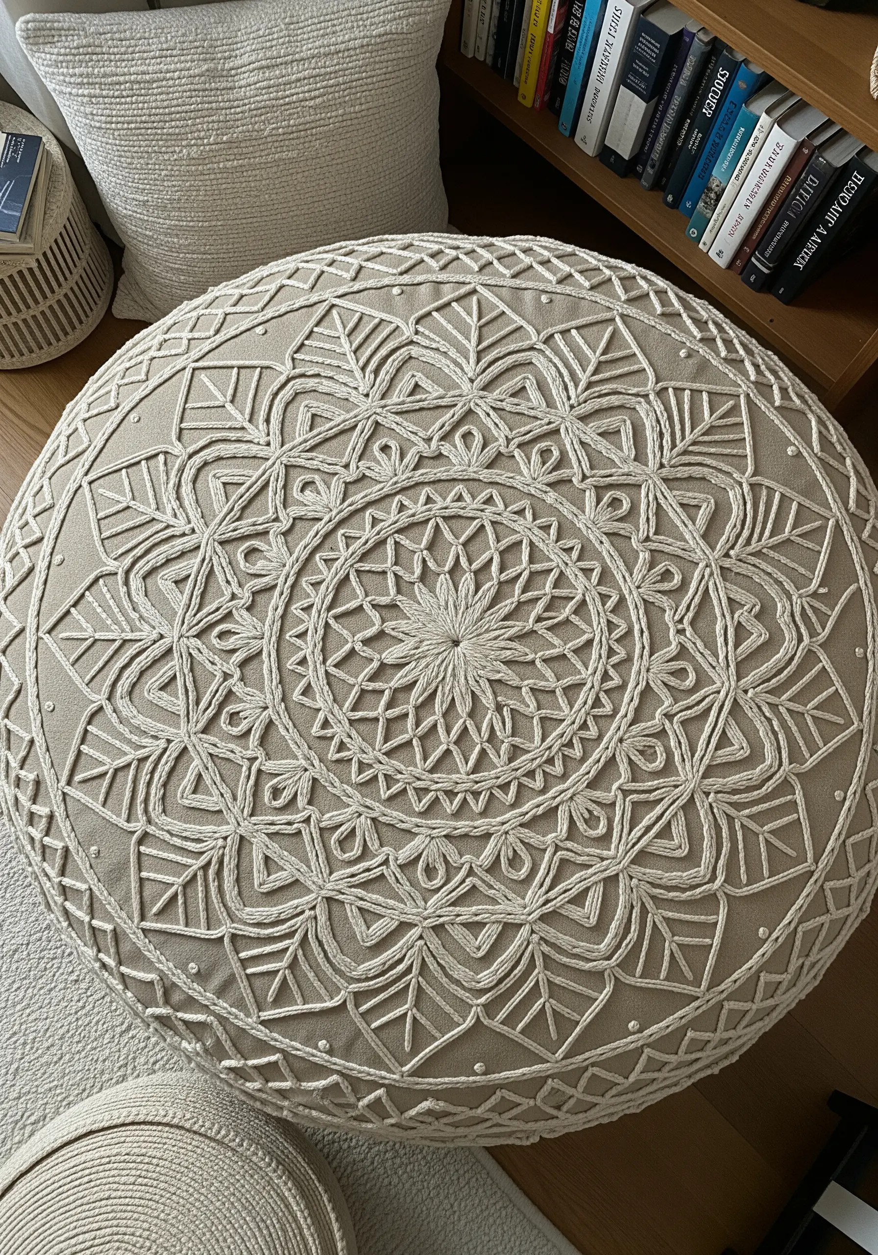 A round floor pouf covered in a complex mandala pattern embroidered in off-white thread.