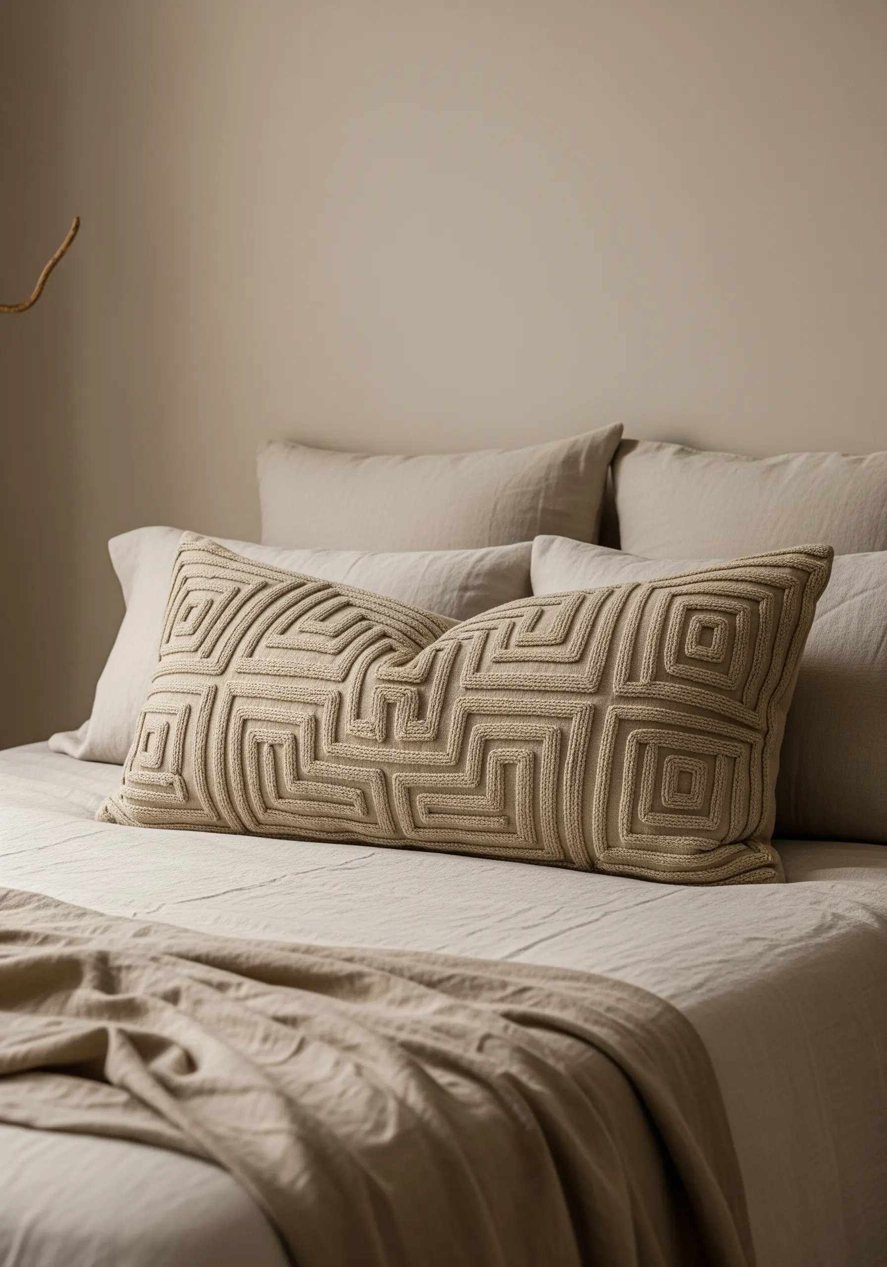 A neutral beige lumbar pillow with a raised, geometric labyrinth pattern created with couched cord.