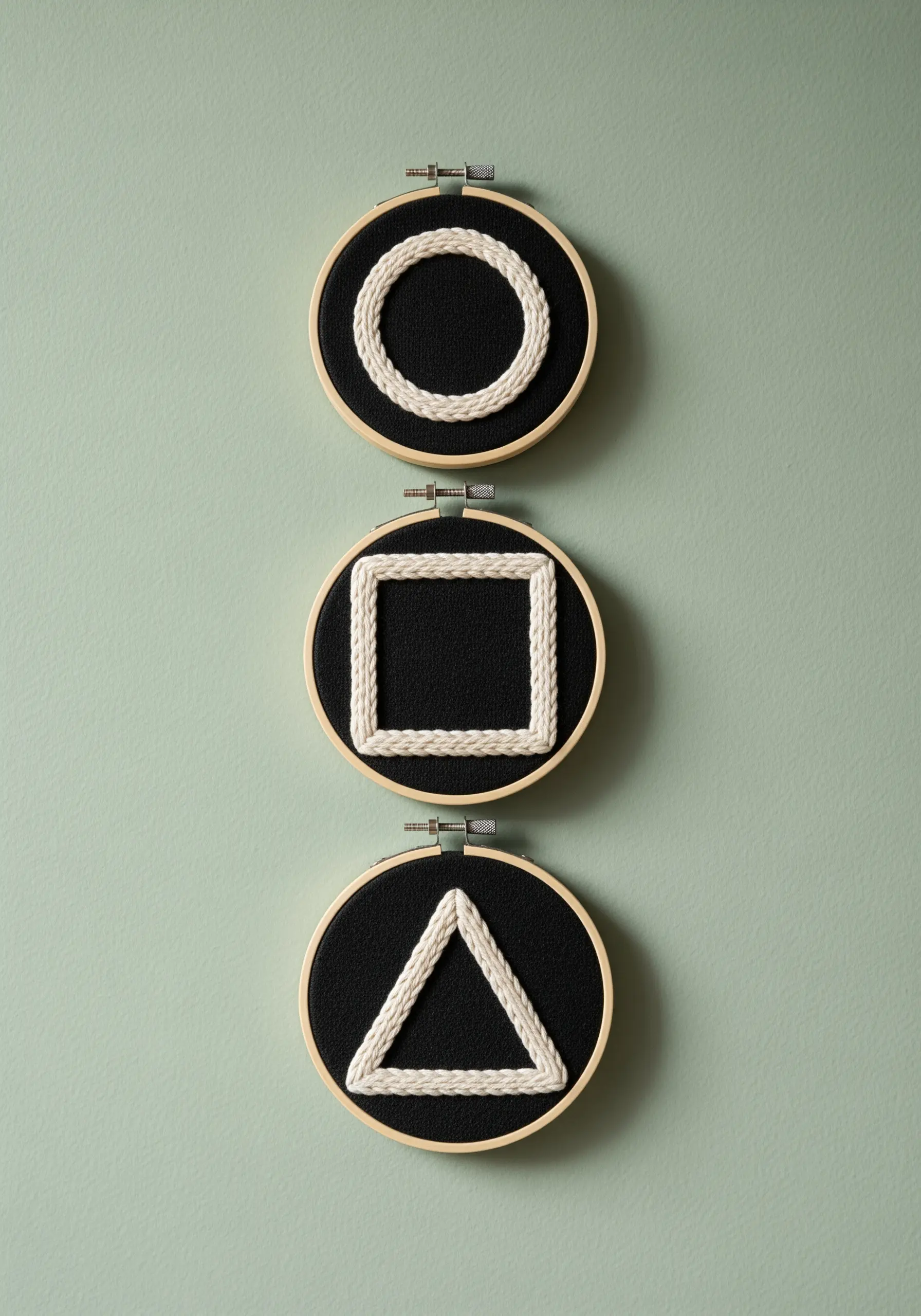 Three small hoops with raised geometric shapes: circle, square, and triangle.