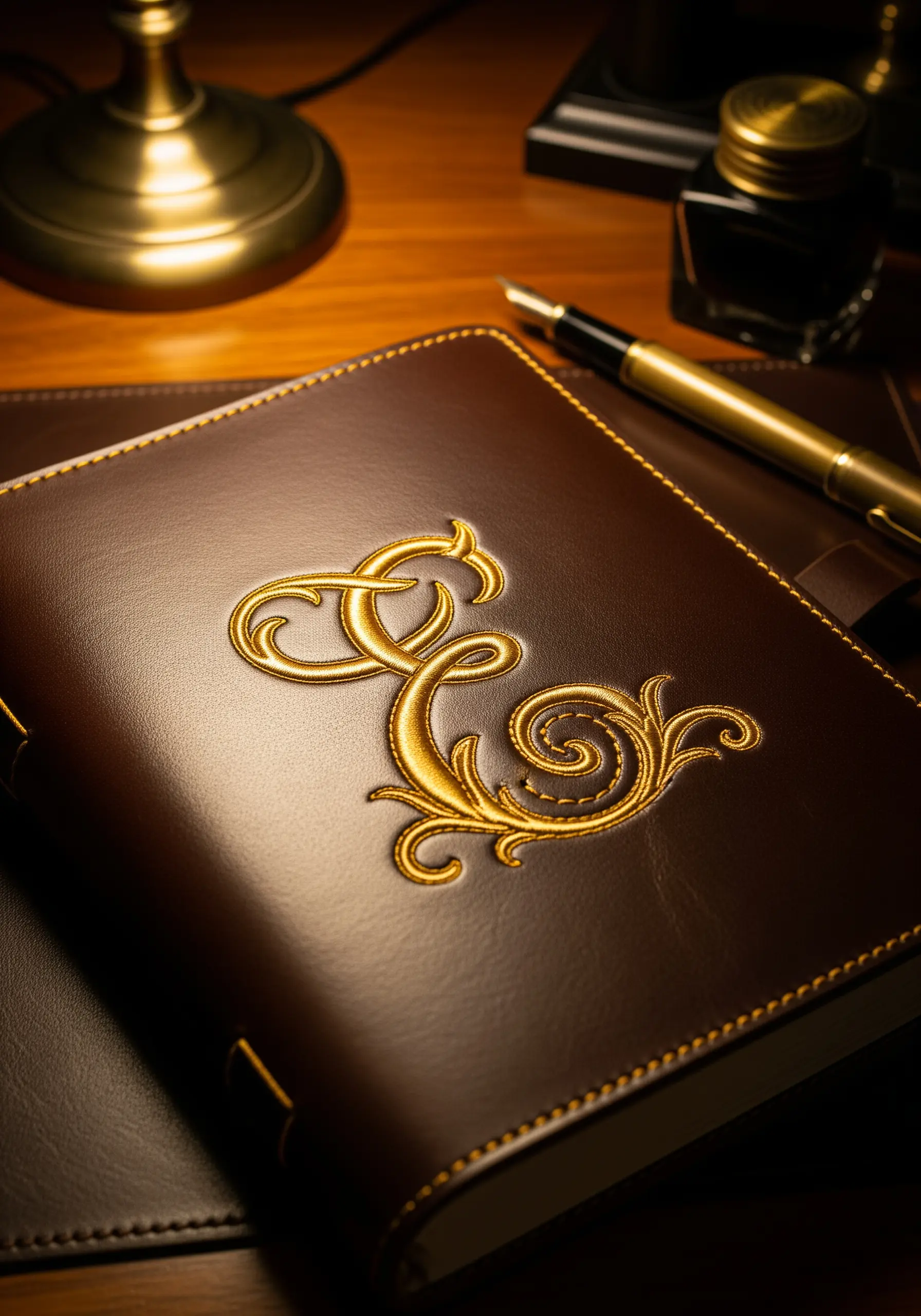 A raised, goldwork embroidered monogram on the cover of a brown leather journal.