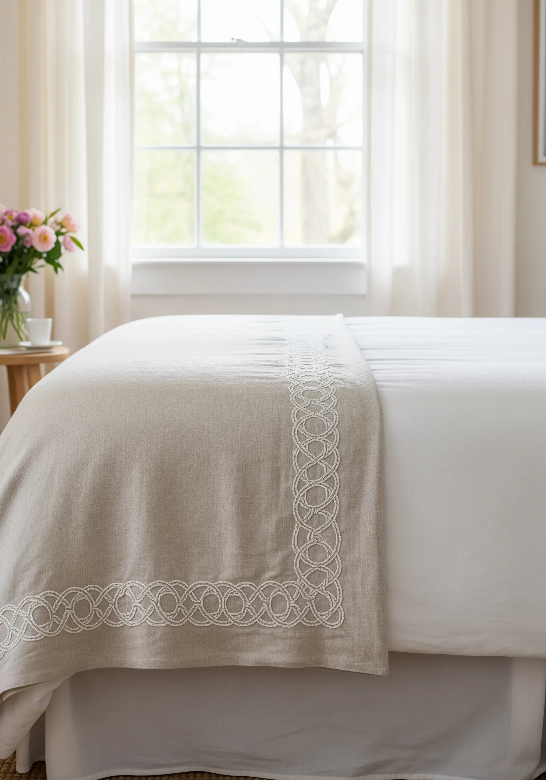 A wide border of interlocking circles in raised chain stitch on a linen bed runner.