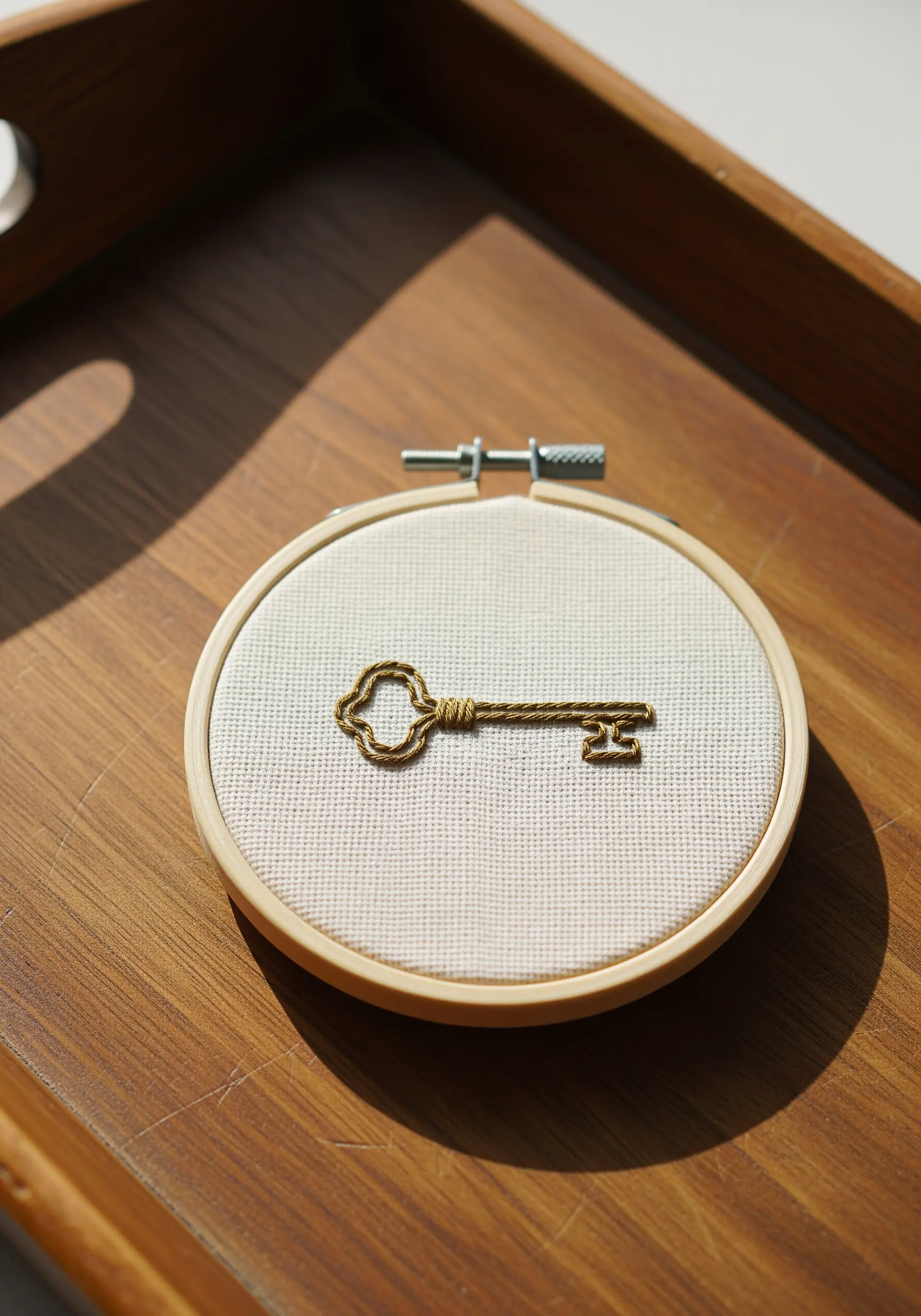 An ornate gold key created with a couched metallic thread on white fabric.