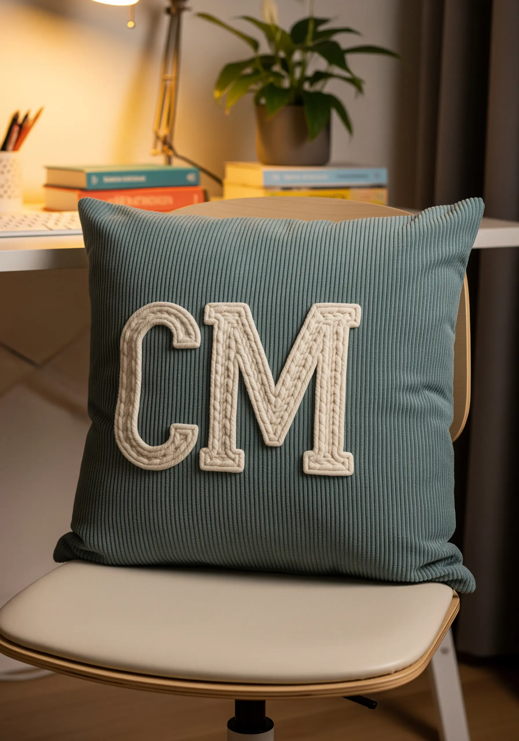 A blue corduroy pillow with a large, raised initial monogram stitched in off-white cord