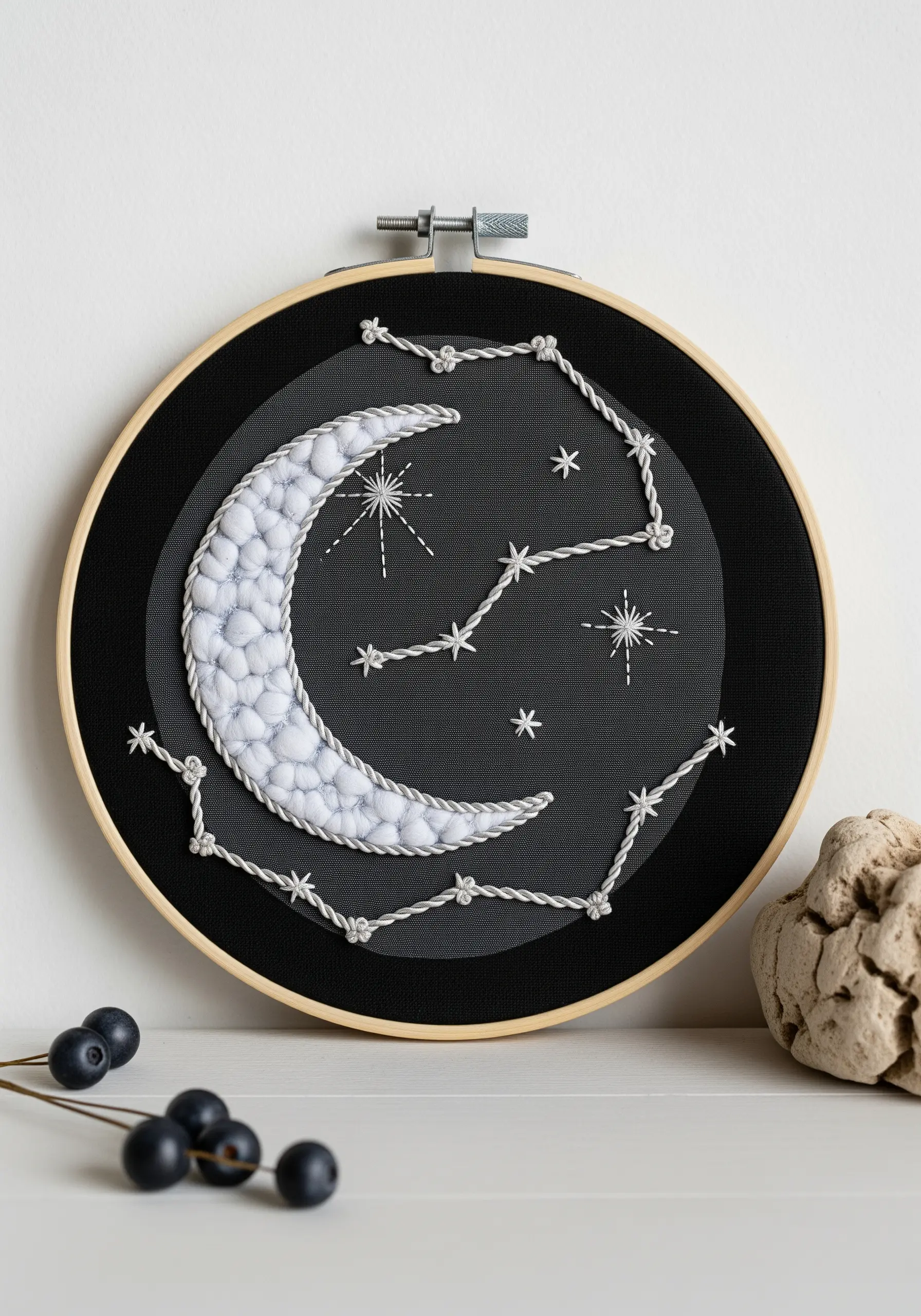 A padded satin stitch moon with constellations and stars on black fabric in a hoop.