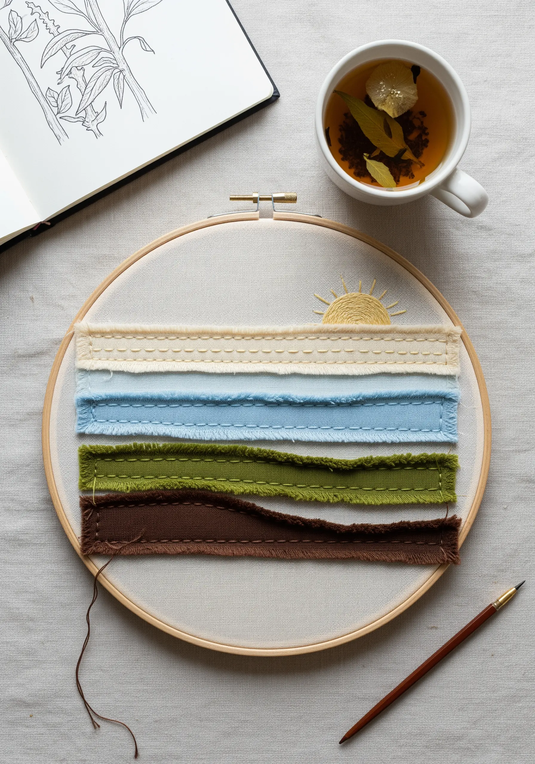 A minimalist landscape made of layered, raw-edged fabric strips with a small embroidered sun.