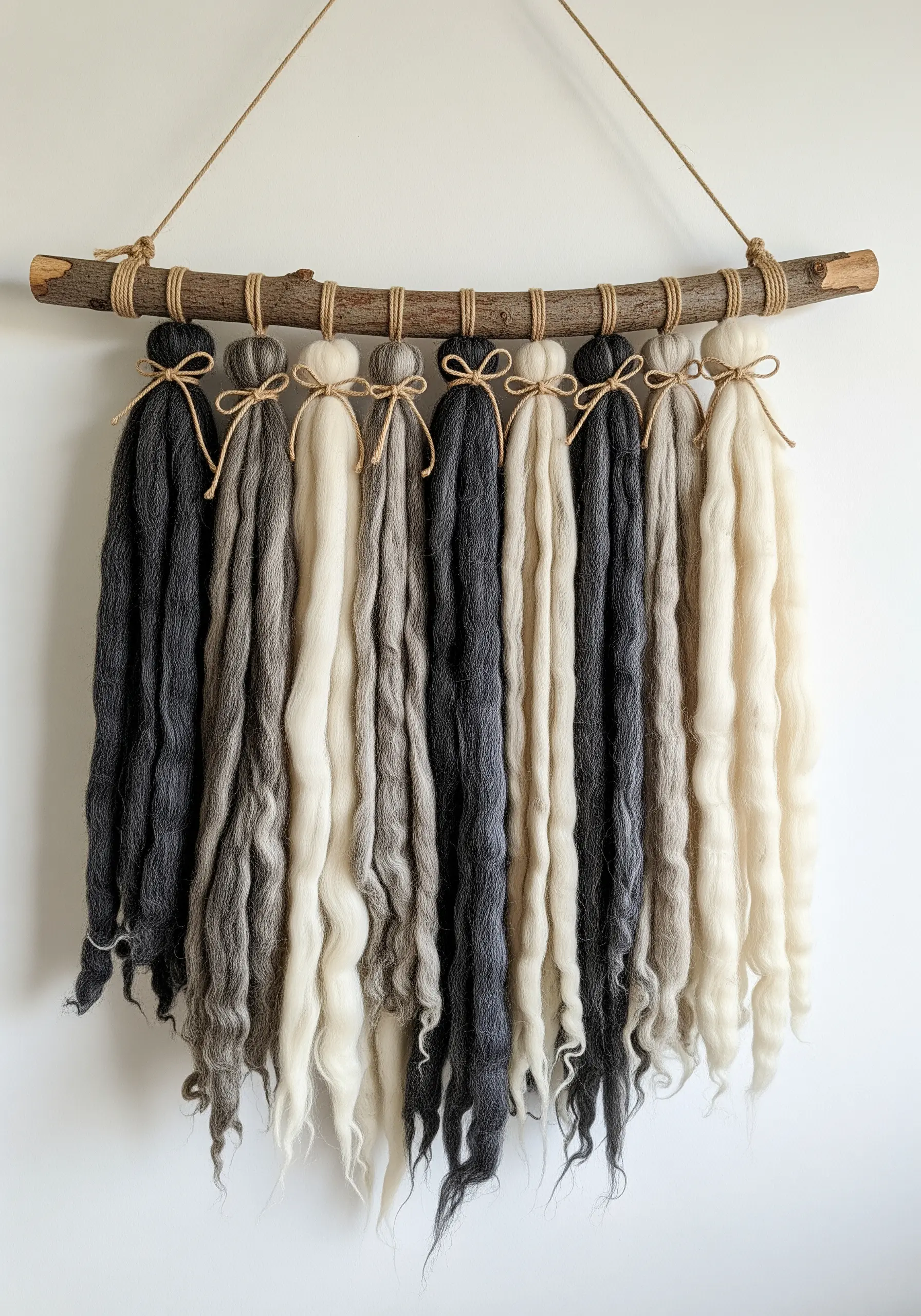 Hanks of unspun wool roving in shades of grey, black, and cream hanging from a branch.