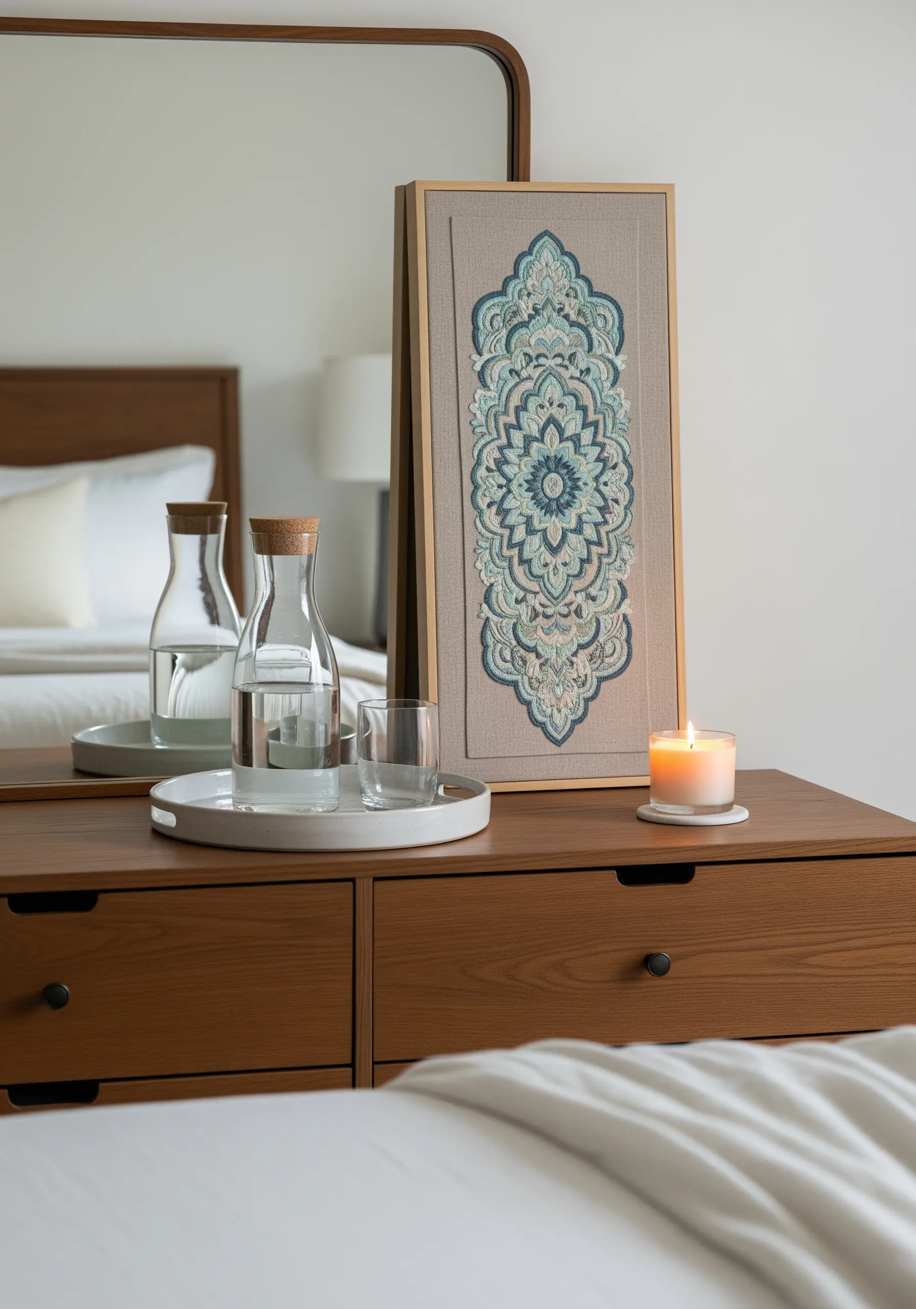 An elongated vertical mandala in shades of blue and cream in a narrow frame.