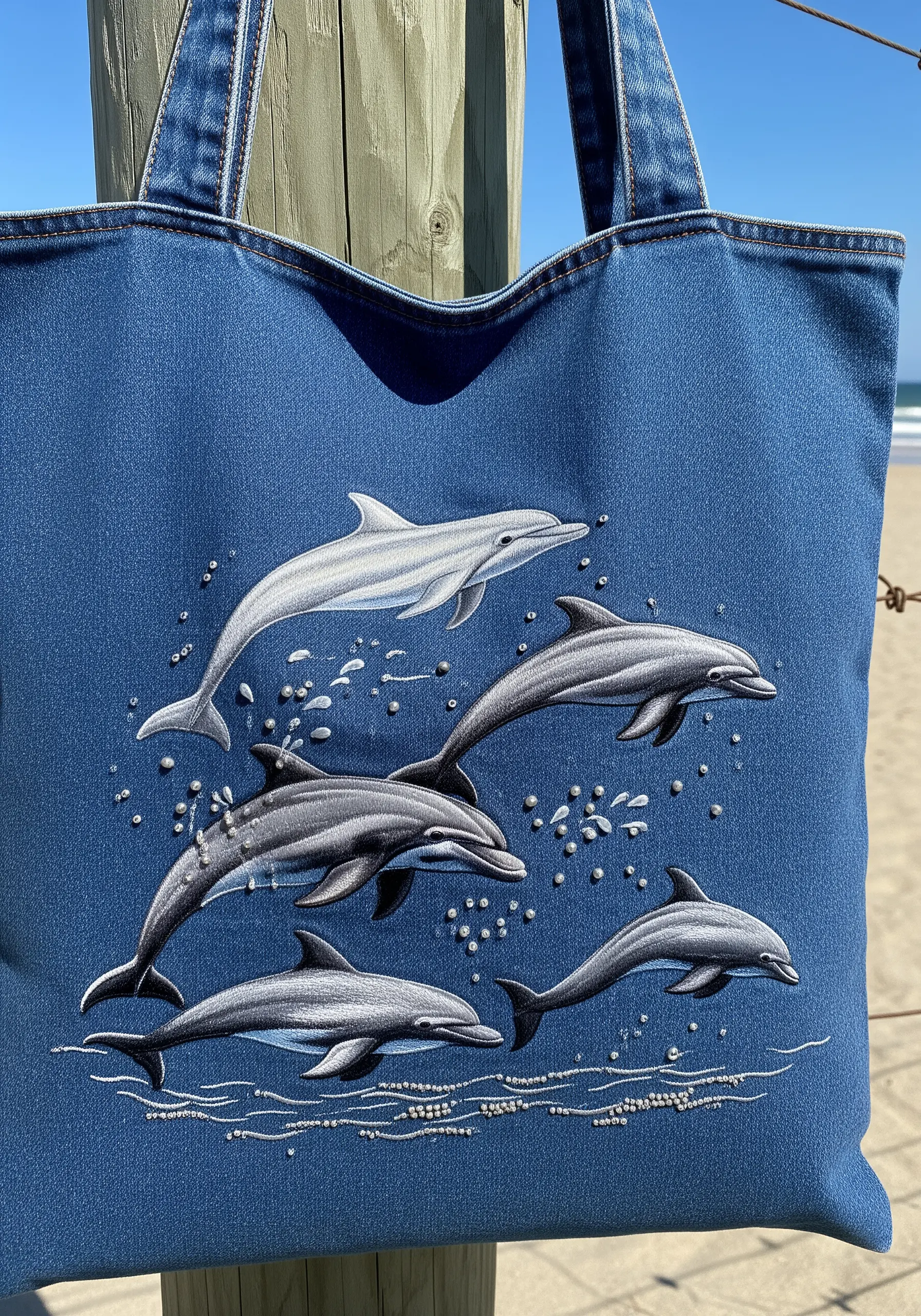 A group of realistically shaded dolphins embroidered on a denim tote bag using thread painting.
