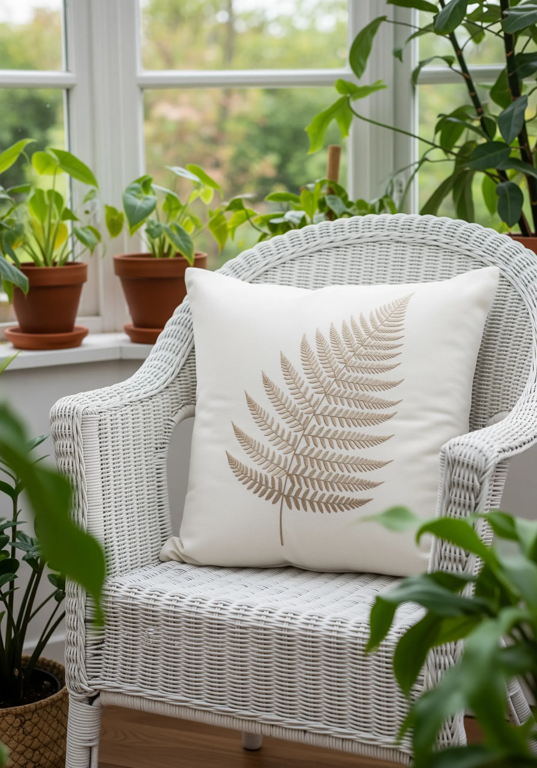 A detailed fern leaf embroidered with a fishbone stitch in taupe thread.