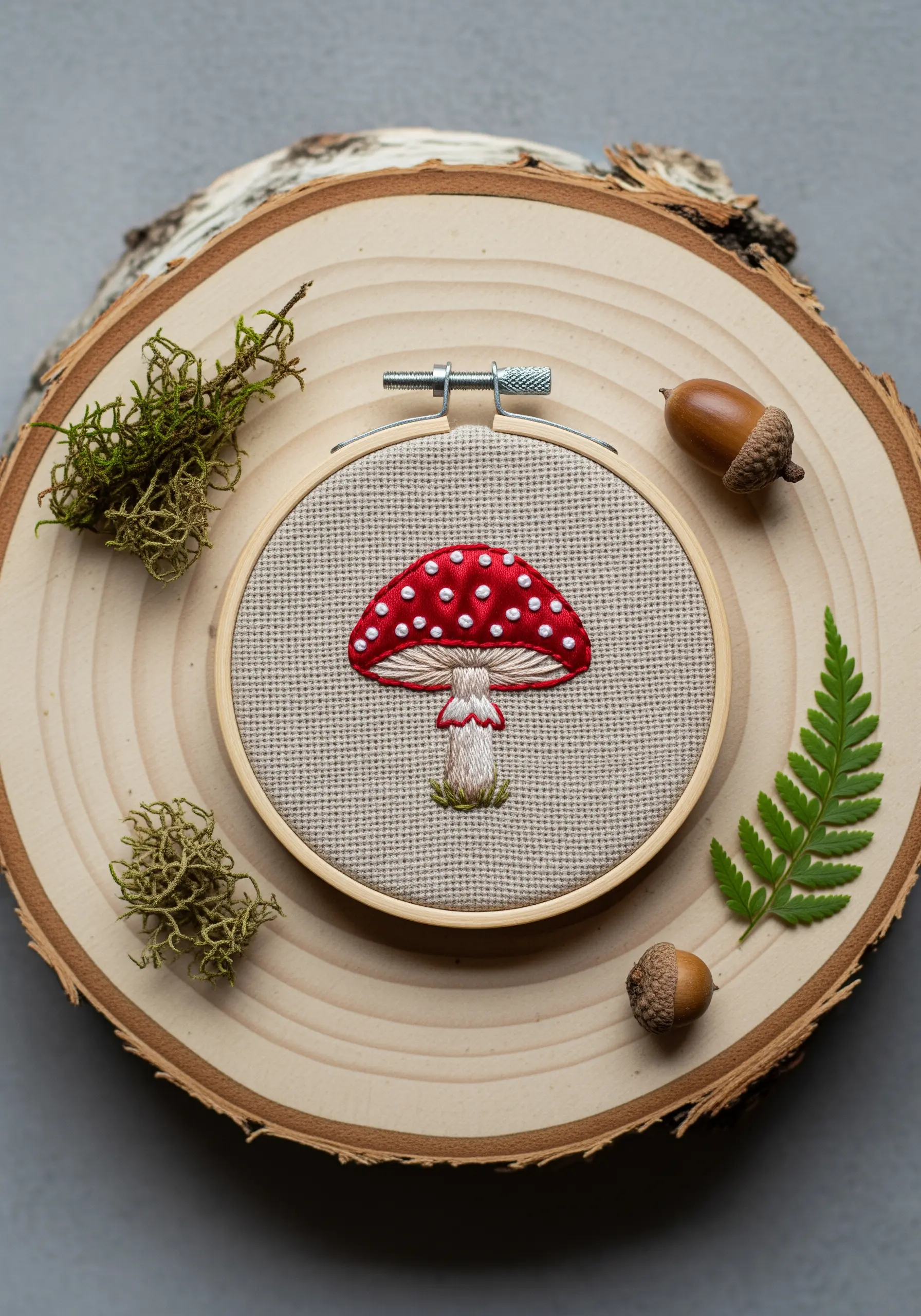 A realistic red and white mushroom embroidered with long-and-short stitch for shading.