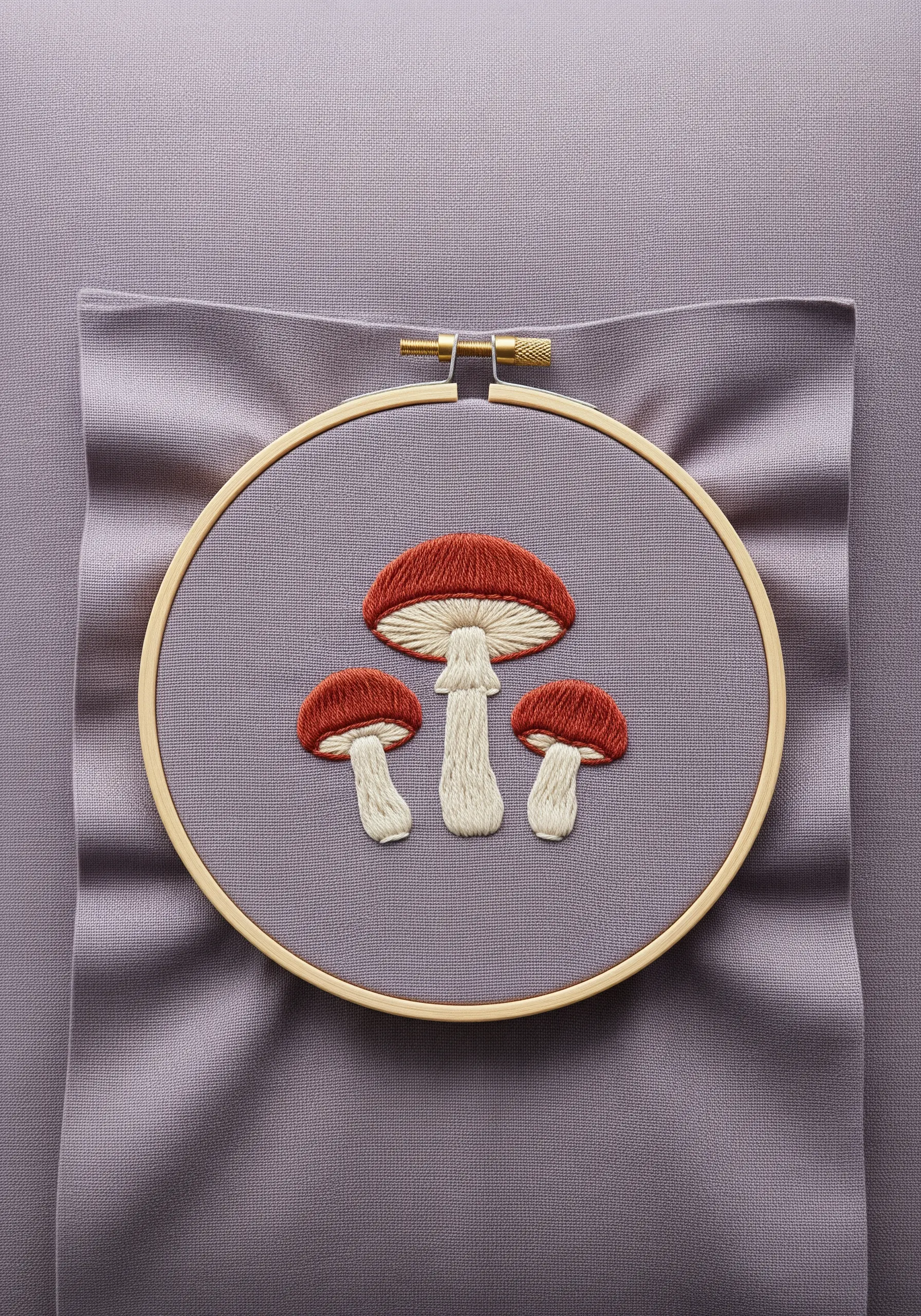 Three realistic embroidered mushrooms with red caps and detailed gills on purple fabric.