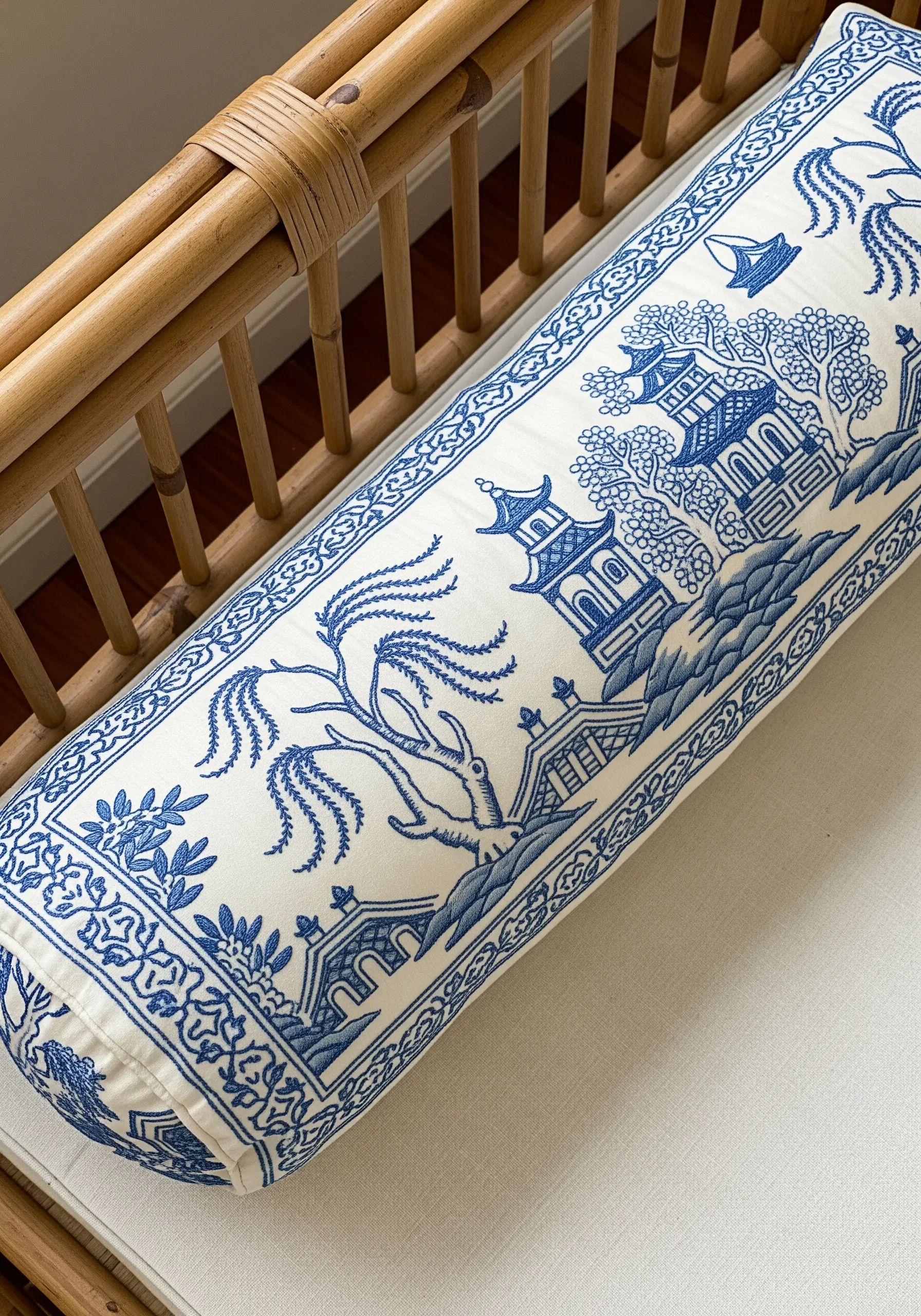 A blue and white Chinoiserie-style embroidered border on a long bolster cushion