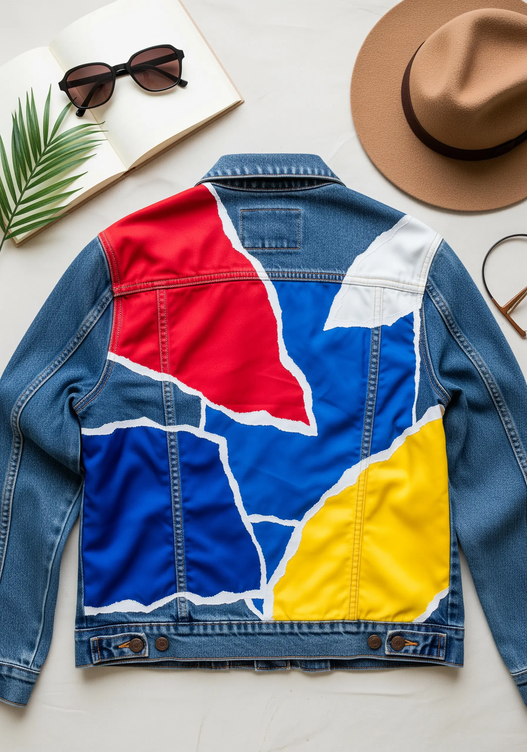 Abstract appliqué in primary colors with raw, torn-style edges on a denim jacket.