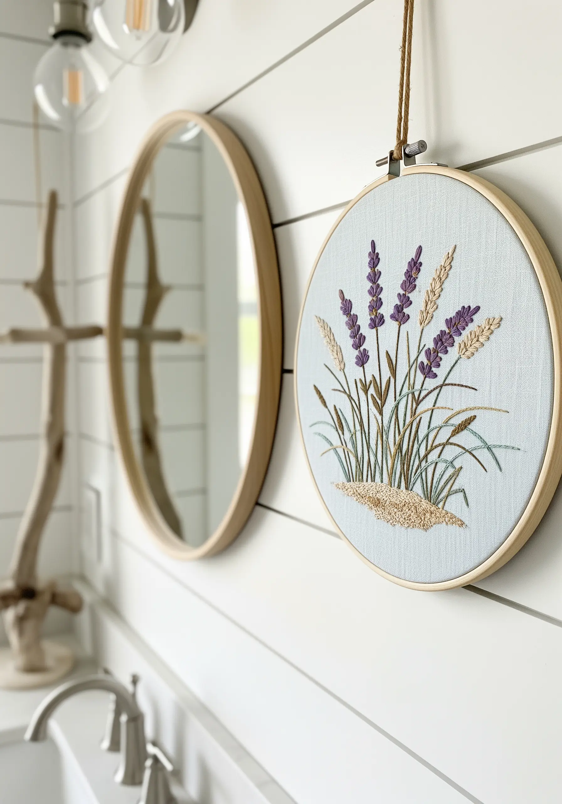 Embroidery of lavender and wheatgrass on a light blue fabric, hanging in a bathroom.