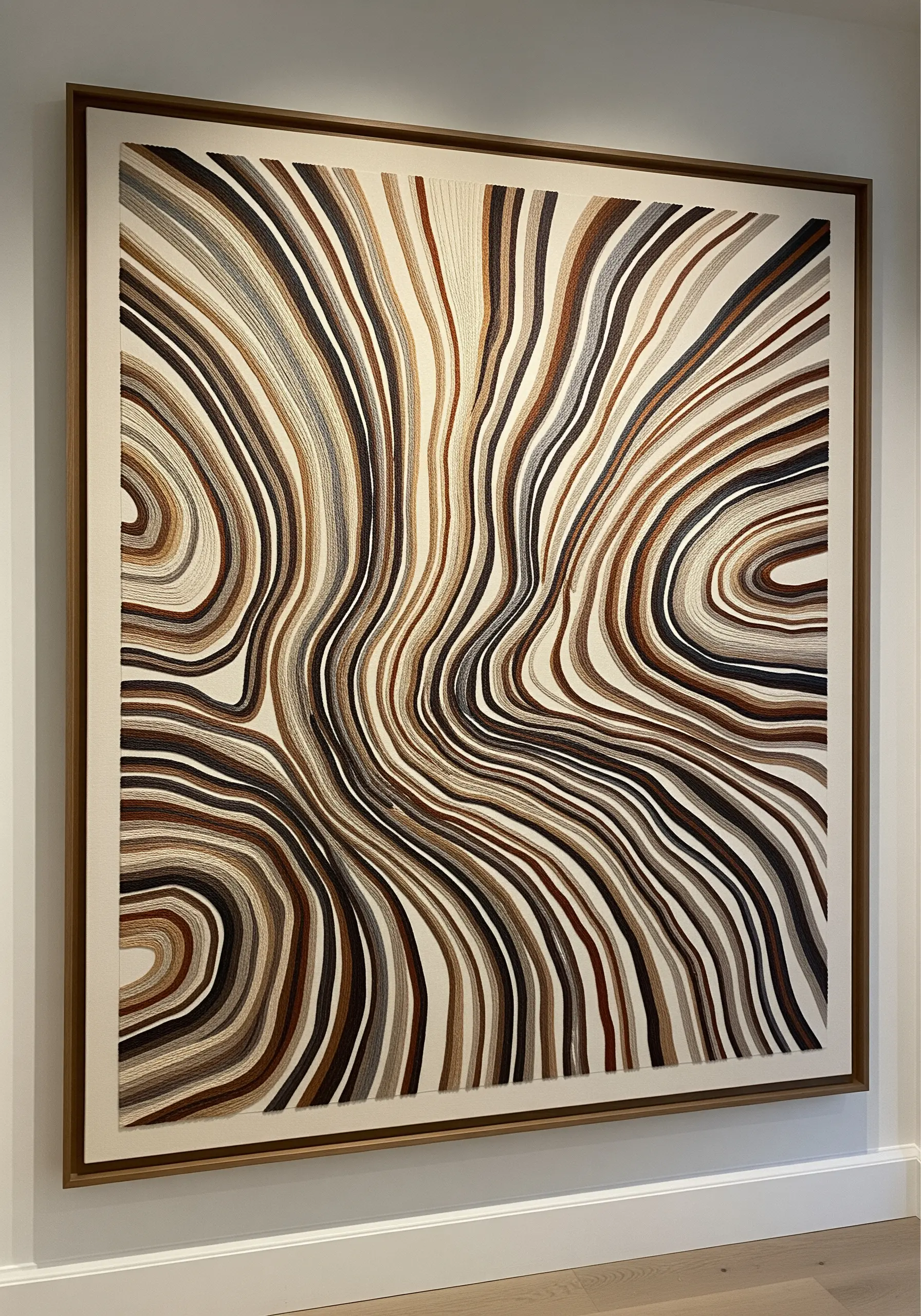 Large framed embroidery mimicking the concentric lines of an agate slice in neutral earth tones.