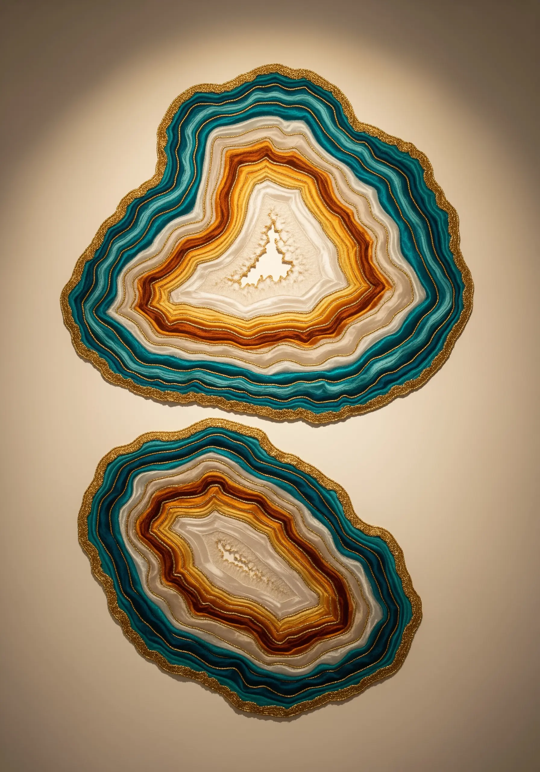 Two embroidered agate slices with concentric rings of blue, orange, and white thread, edged in gold.