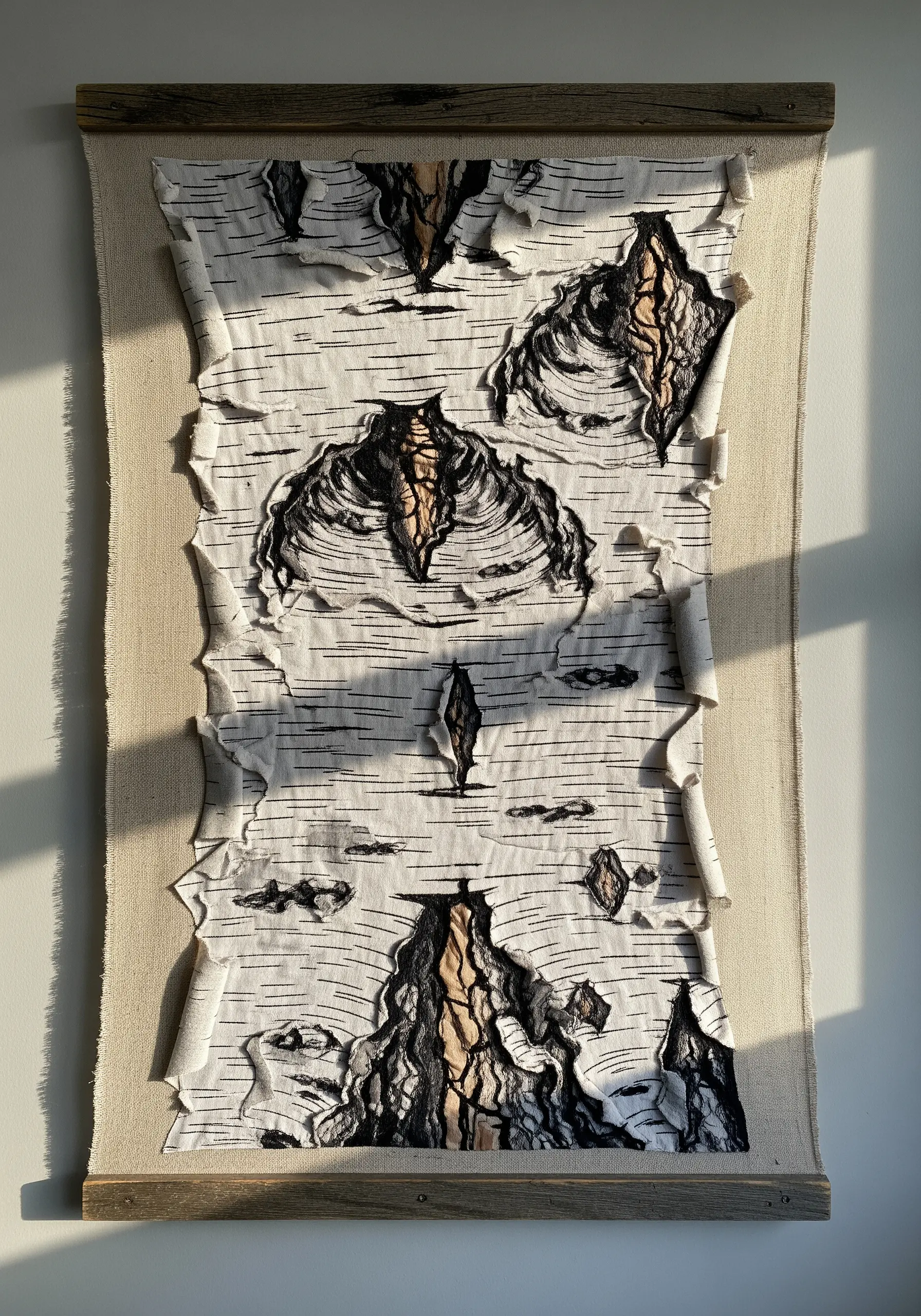 A layered fabric wall hanging mimicking the texture of peeling birch bark with black thread details.