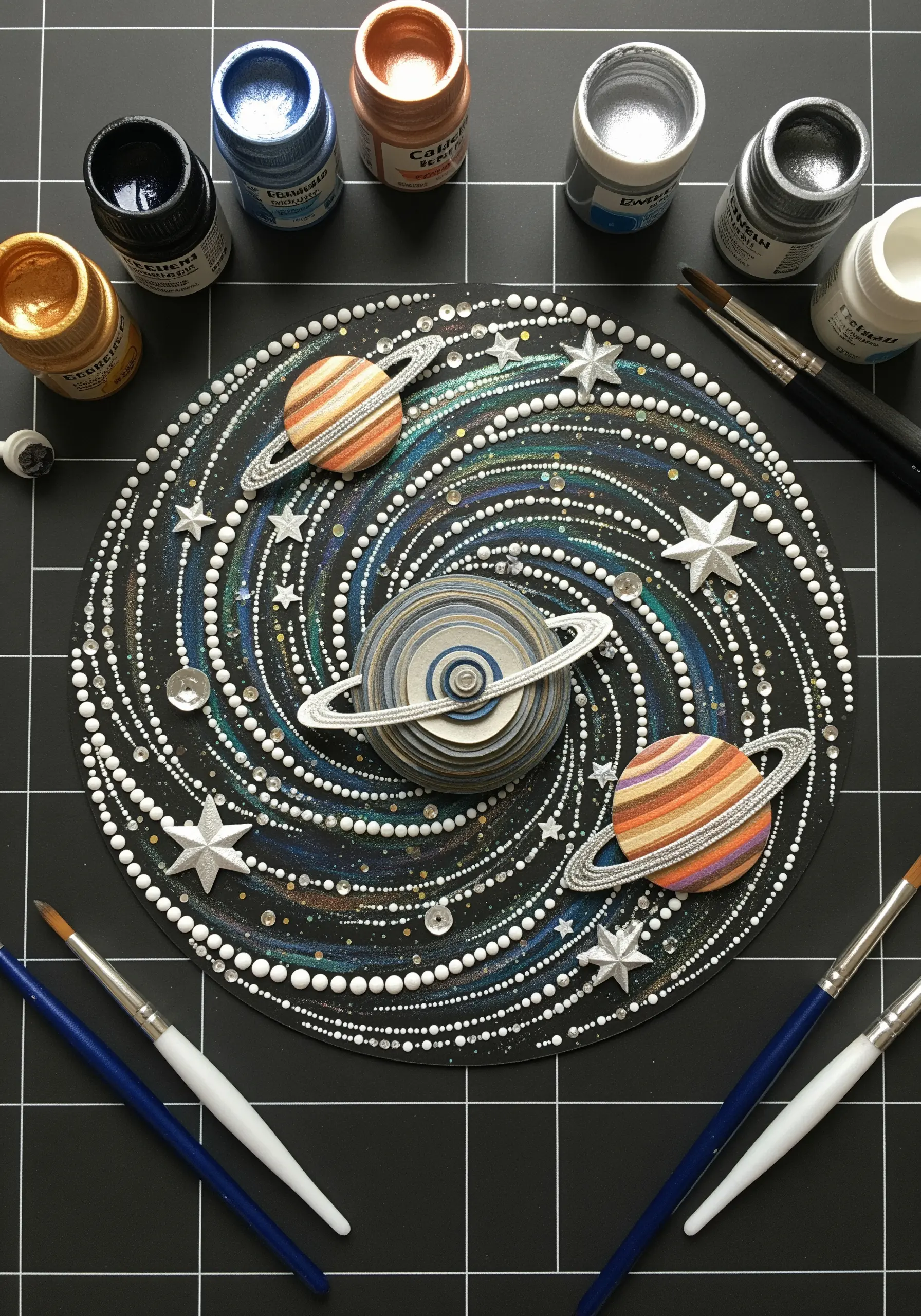 A paper art solar system with layered planets, painted dots, and star embellishments.