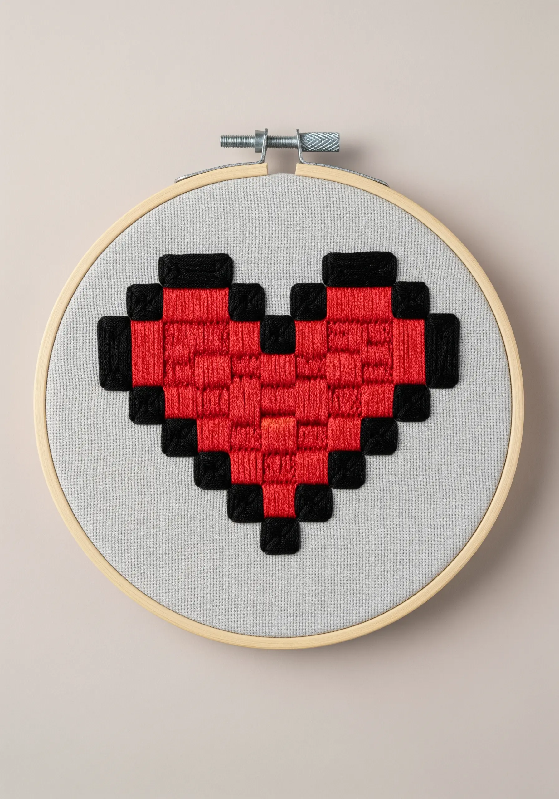 Embroidered 8-bit pixel heart using a red and black basket weave technique.