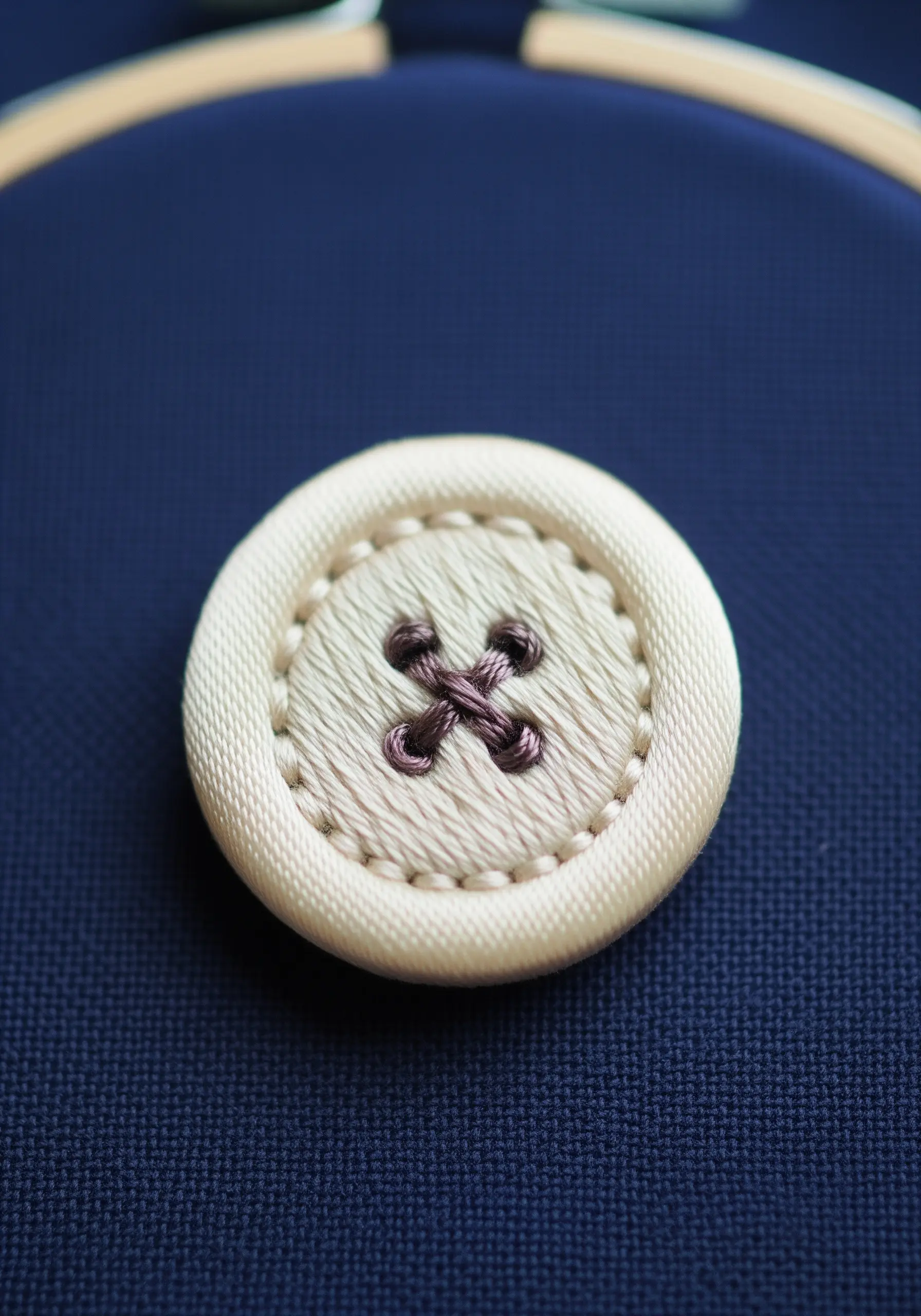 A hyper-realistic embroidered button with a padded rim and satin stitch center on blue fabric.