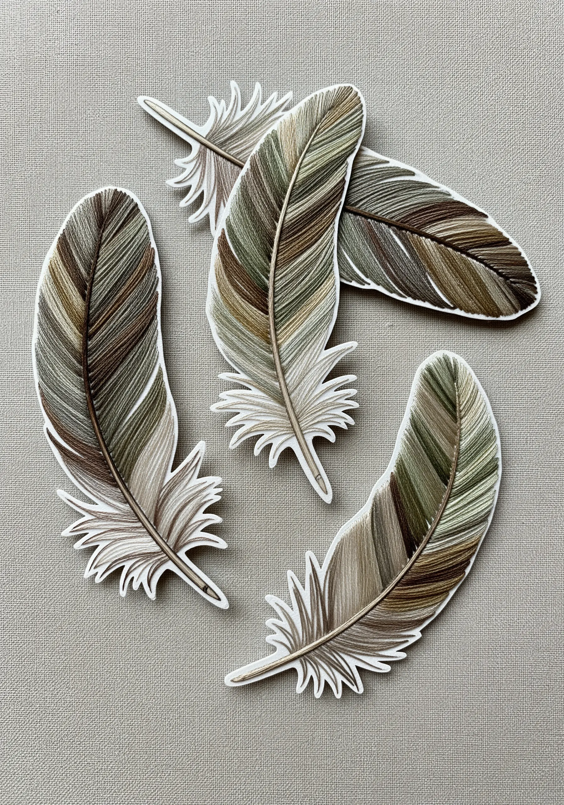 Paper feather cutouts filled with brown and green satin stitches to mimic natural patterns.