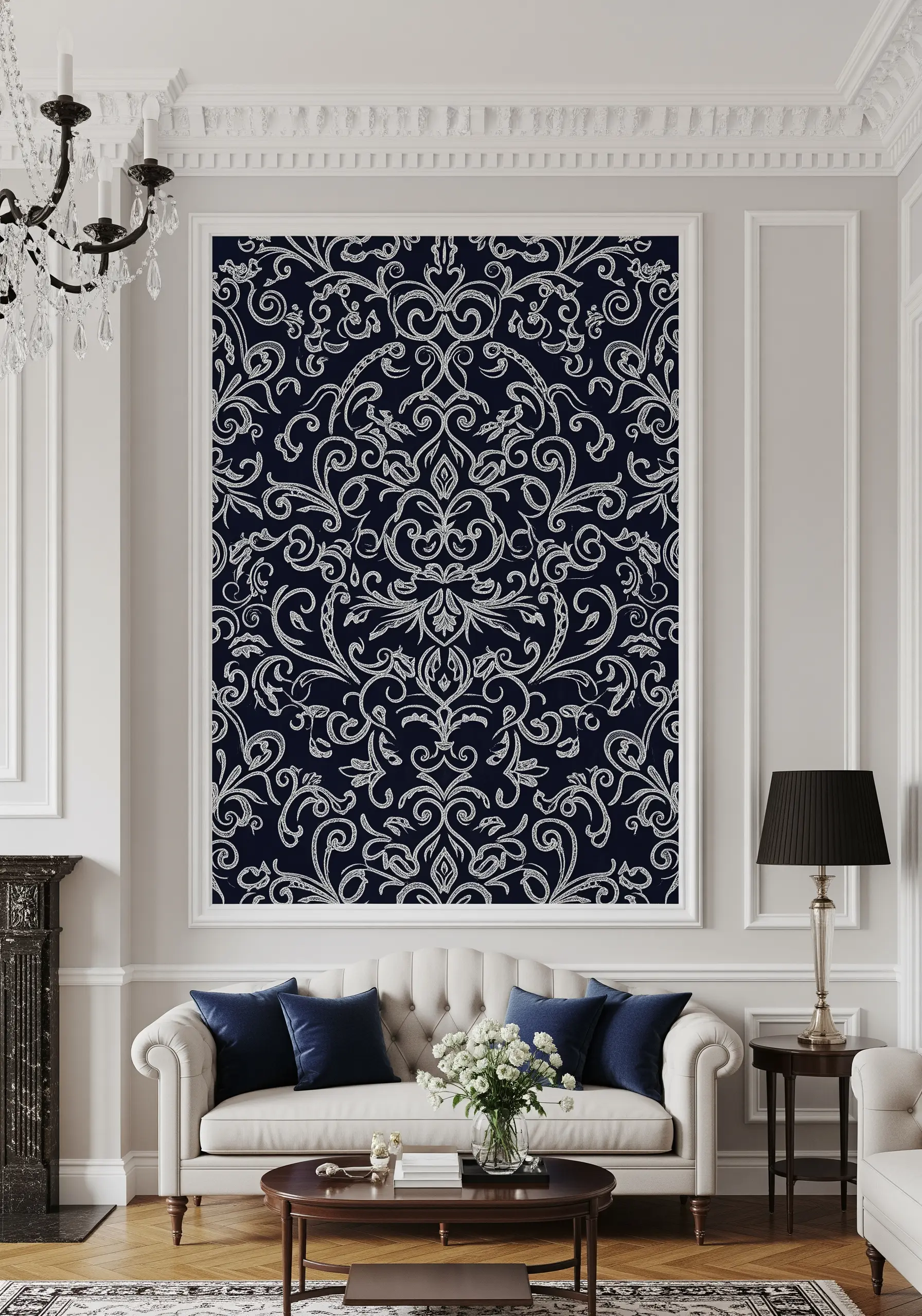 An intricate, white-on-navy damask pattern embroidered to fill a large framed wall panel.