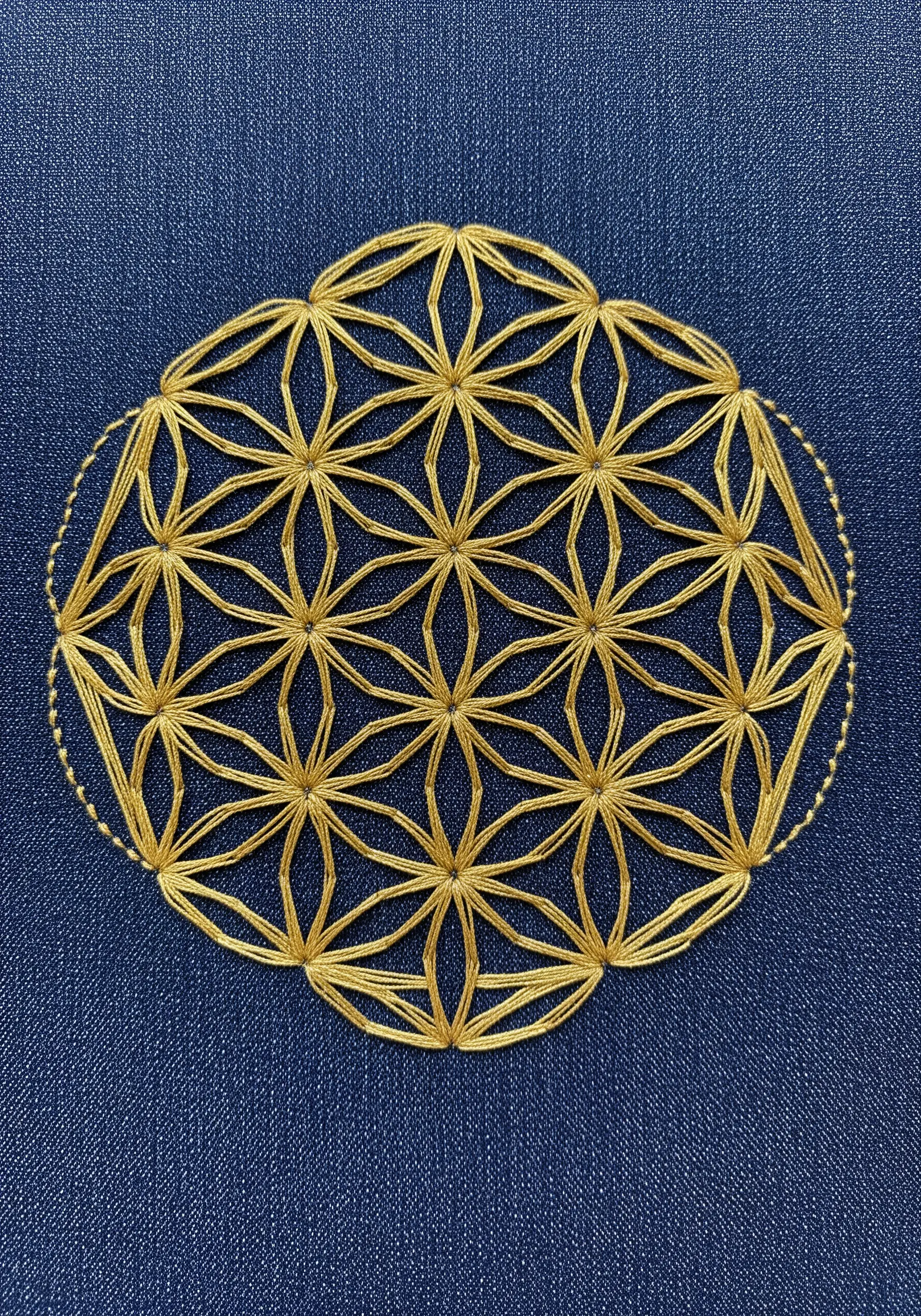 Golden thread embroidered in a Flower of Life geometric pattern on blue fabric.