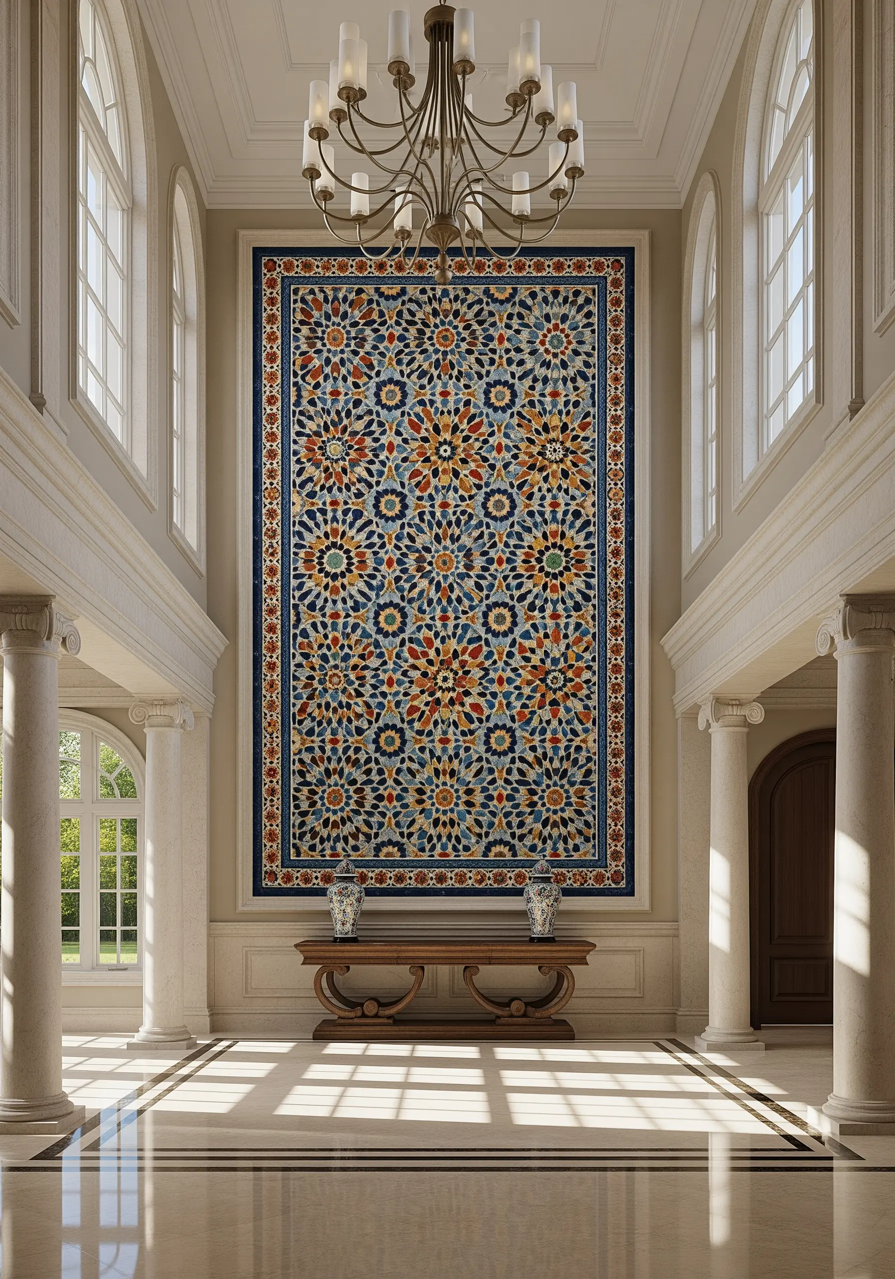 A massive, intricate embroidered panel mimicking colorful Moroccan tilework in a grand hallway