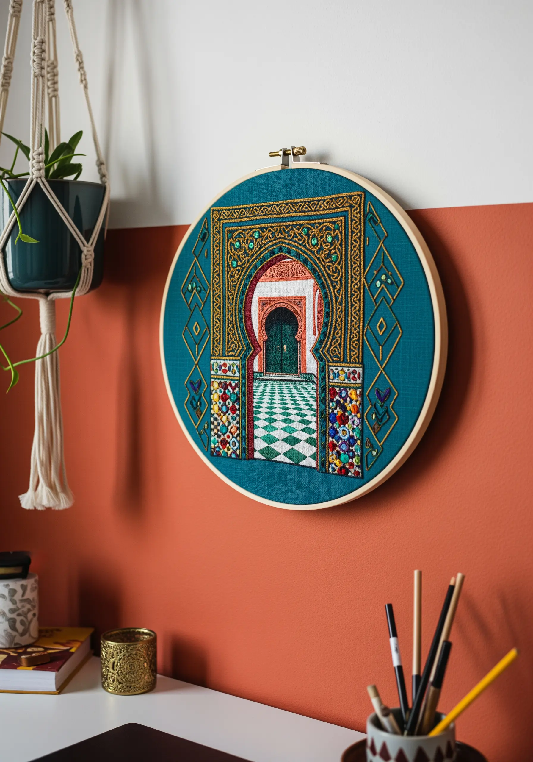 Embroidery of an ornate Moroccan archway with colorful mosaic details on teal fabric.