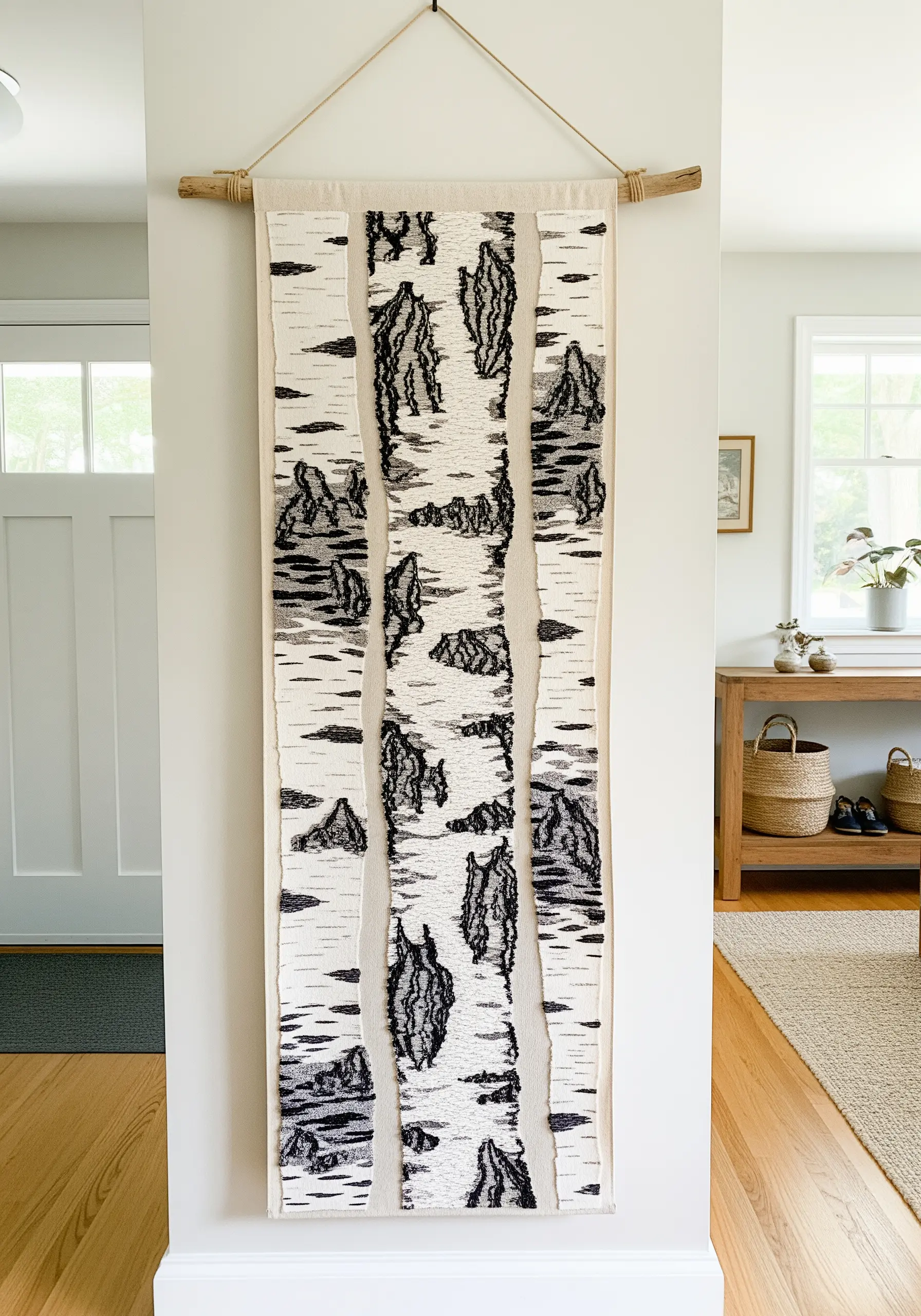 Woven wall hanging depicting the texture of birch bark in vertical panels.