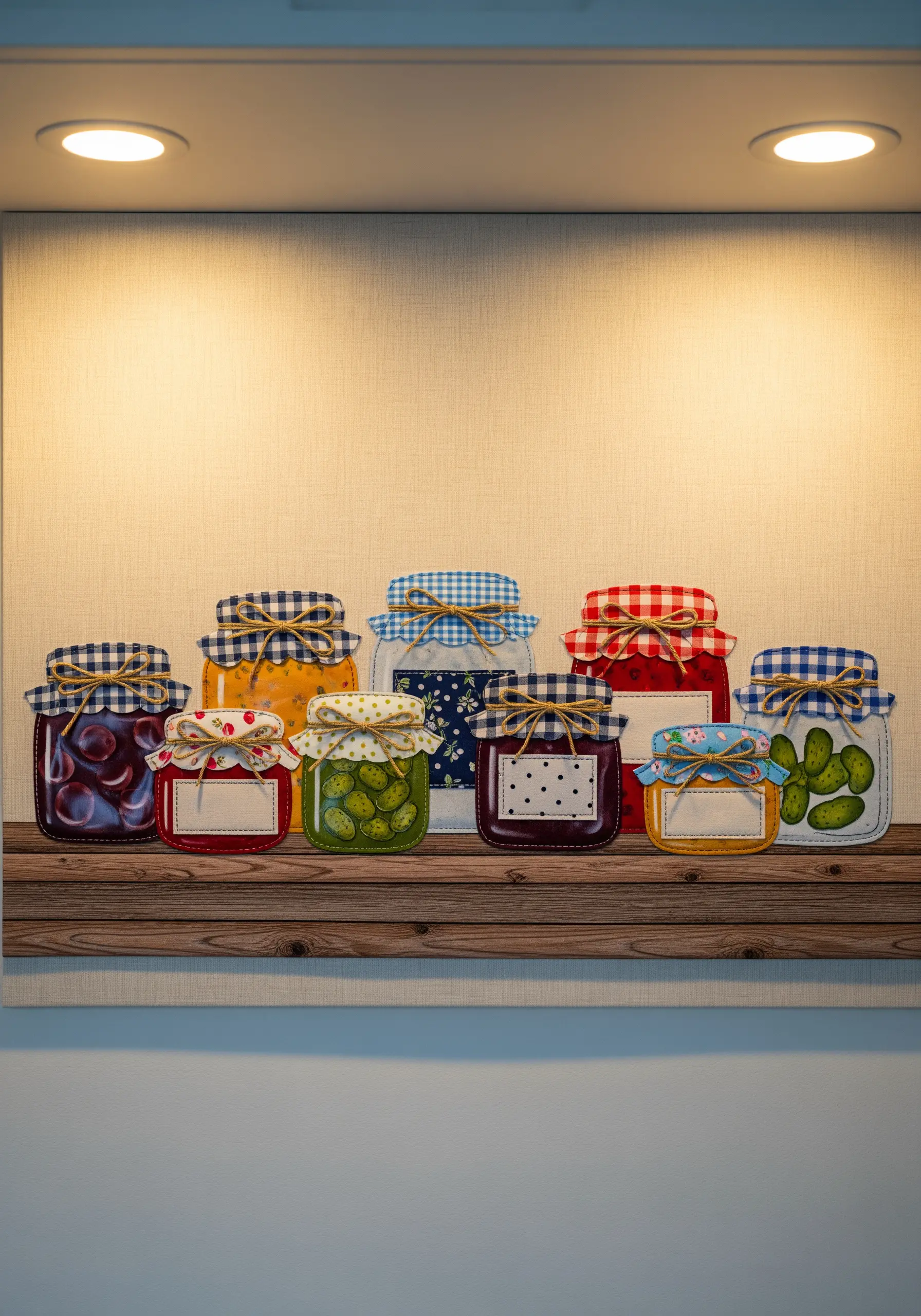 Wall art showing a row of jam jars with different patterned fabric scraps for lids