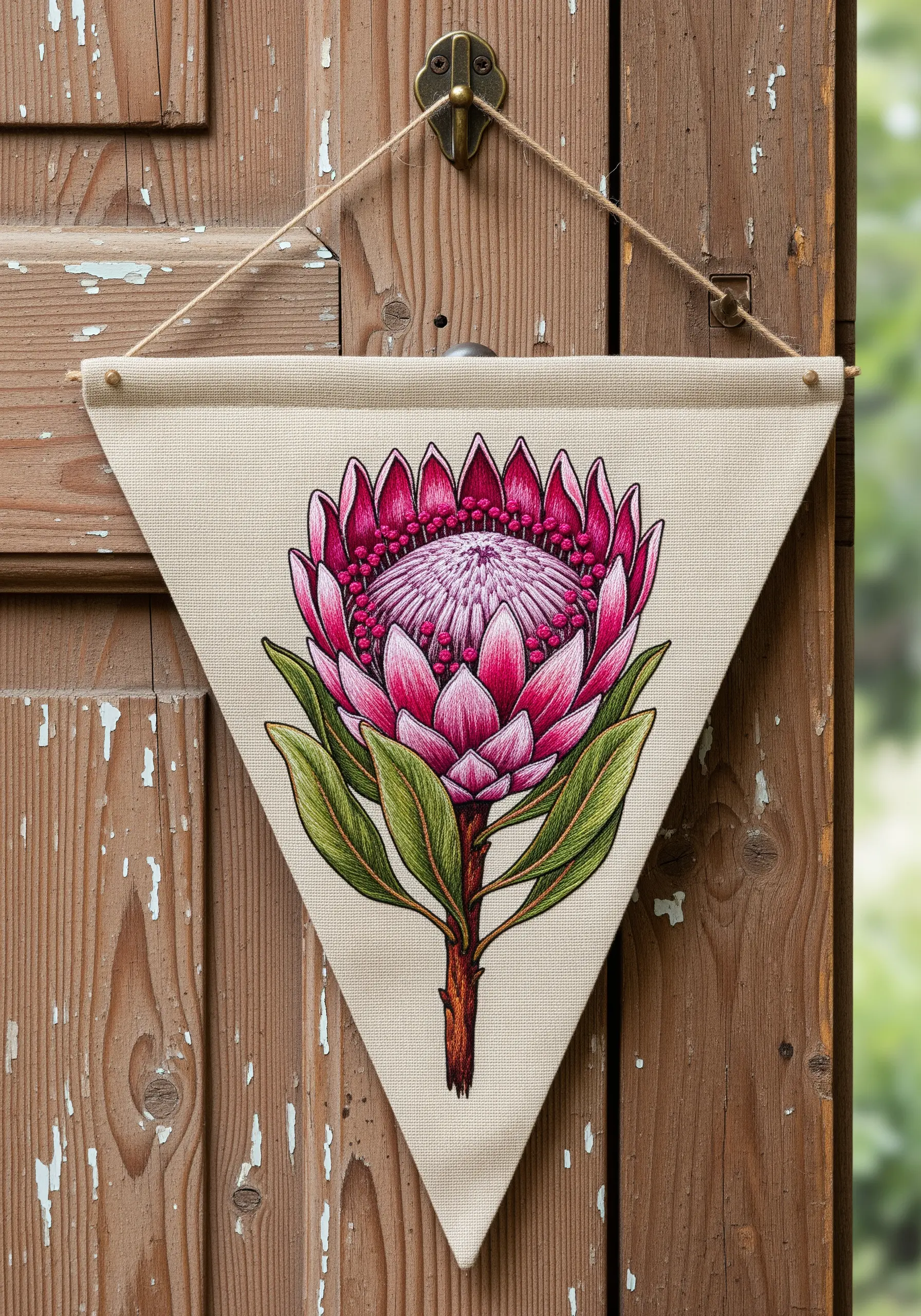 A highly detailed, thread-painted protea flower on a triangular canvas wall banner.