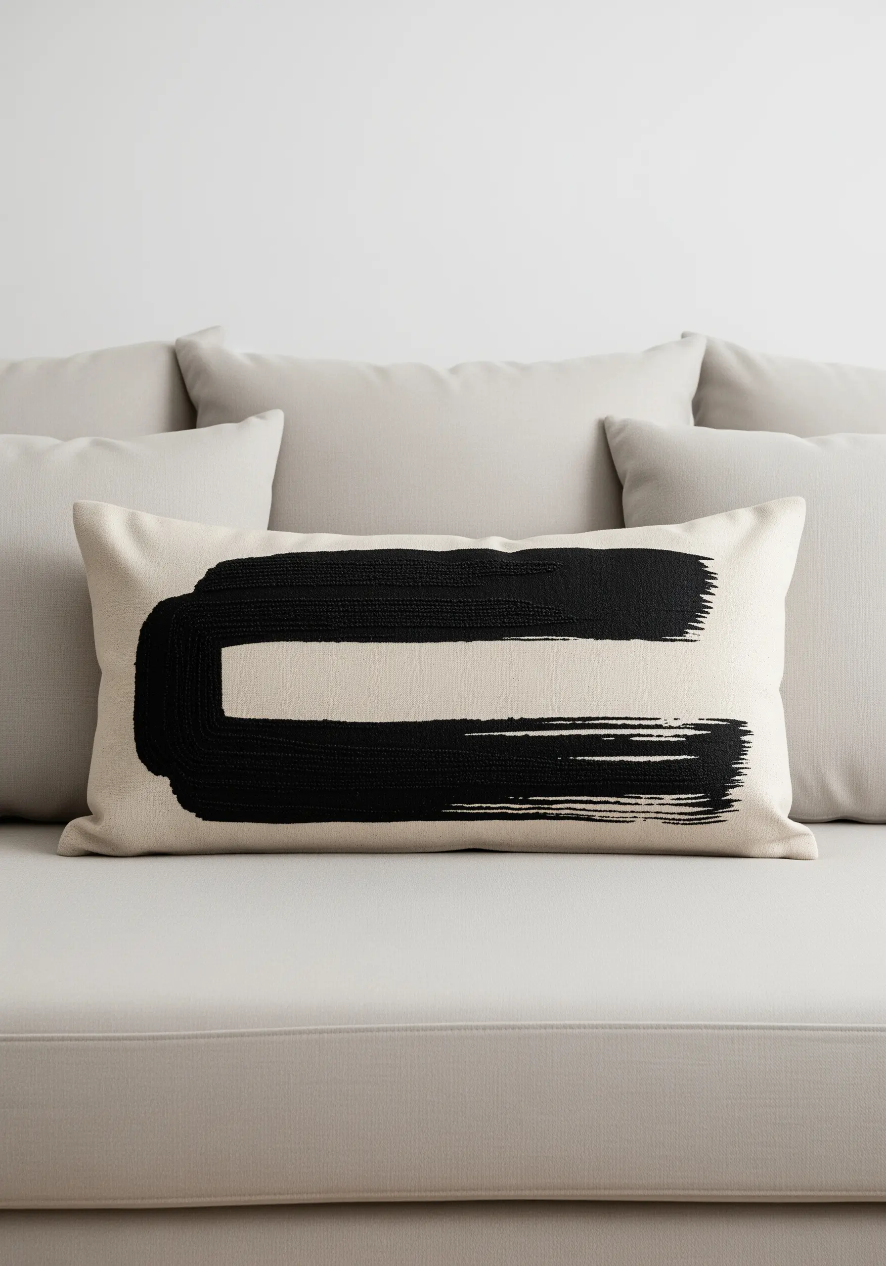 A lumbar pillow with a single, bold, black embroidered shape that mimics a thick brushstroke.