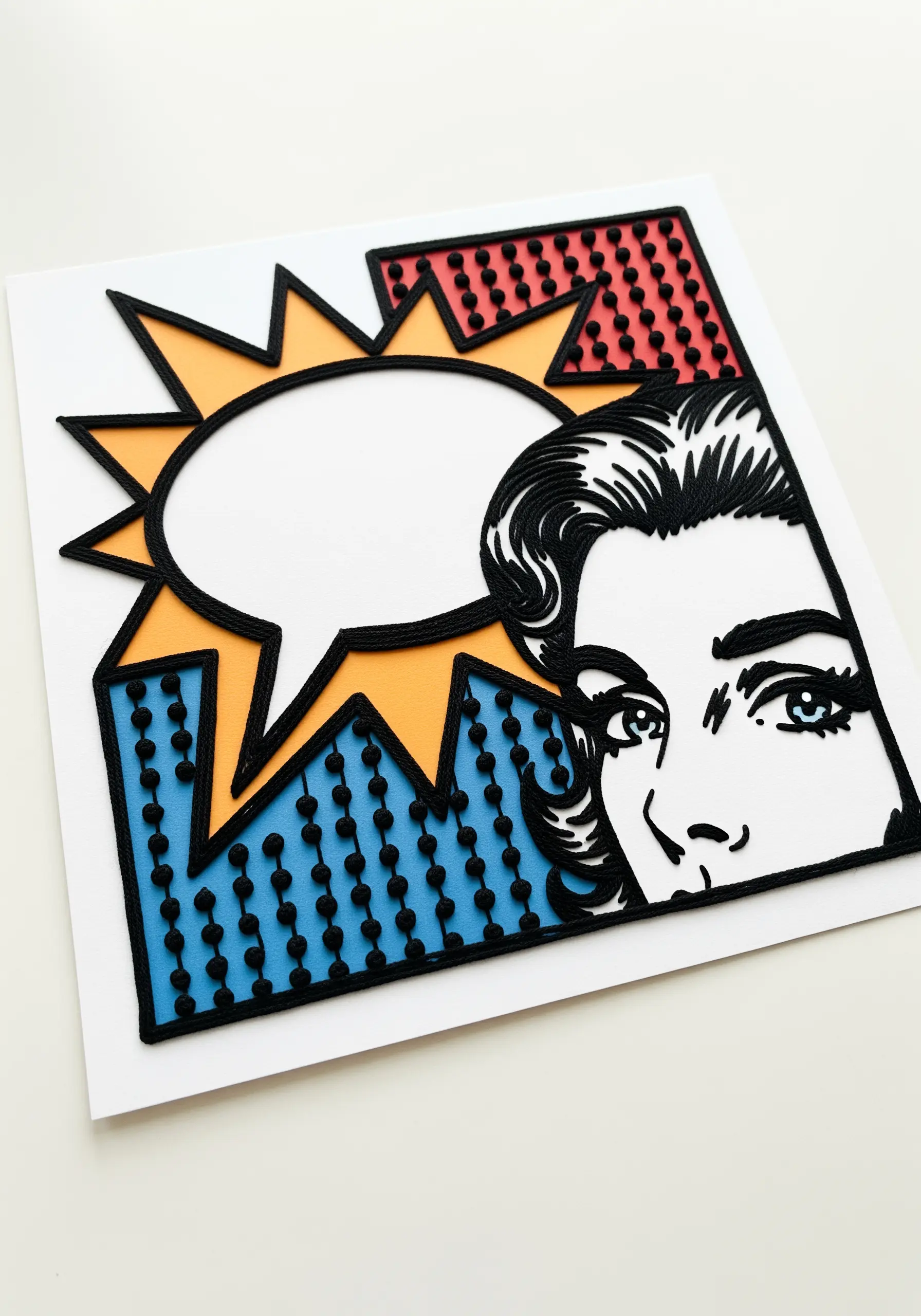 A pop art-style collage with bold black embroidered outlines and French knots for dotted patterns.