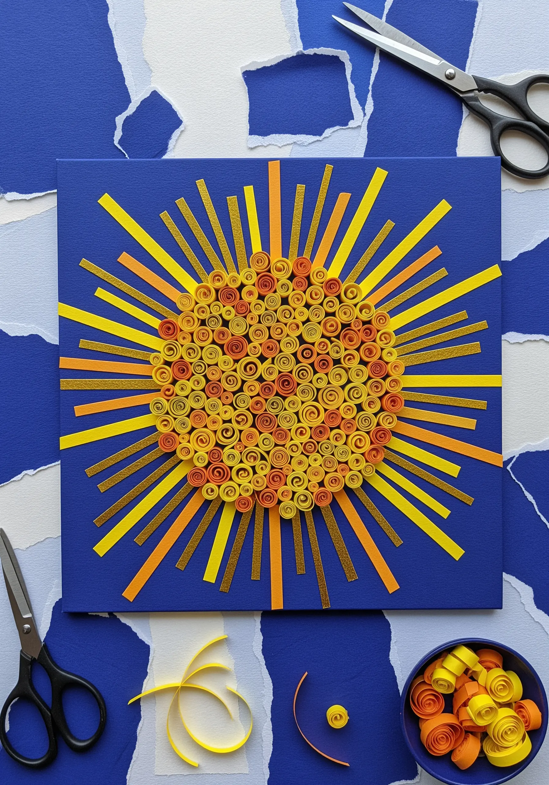 A sun made from coiled yellow and orange paper strips, resembling French knots.
