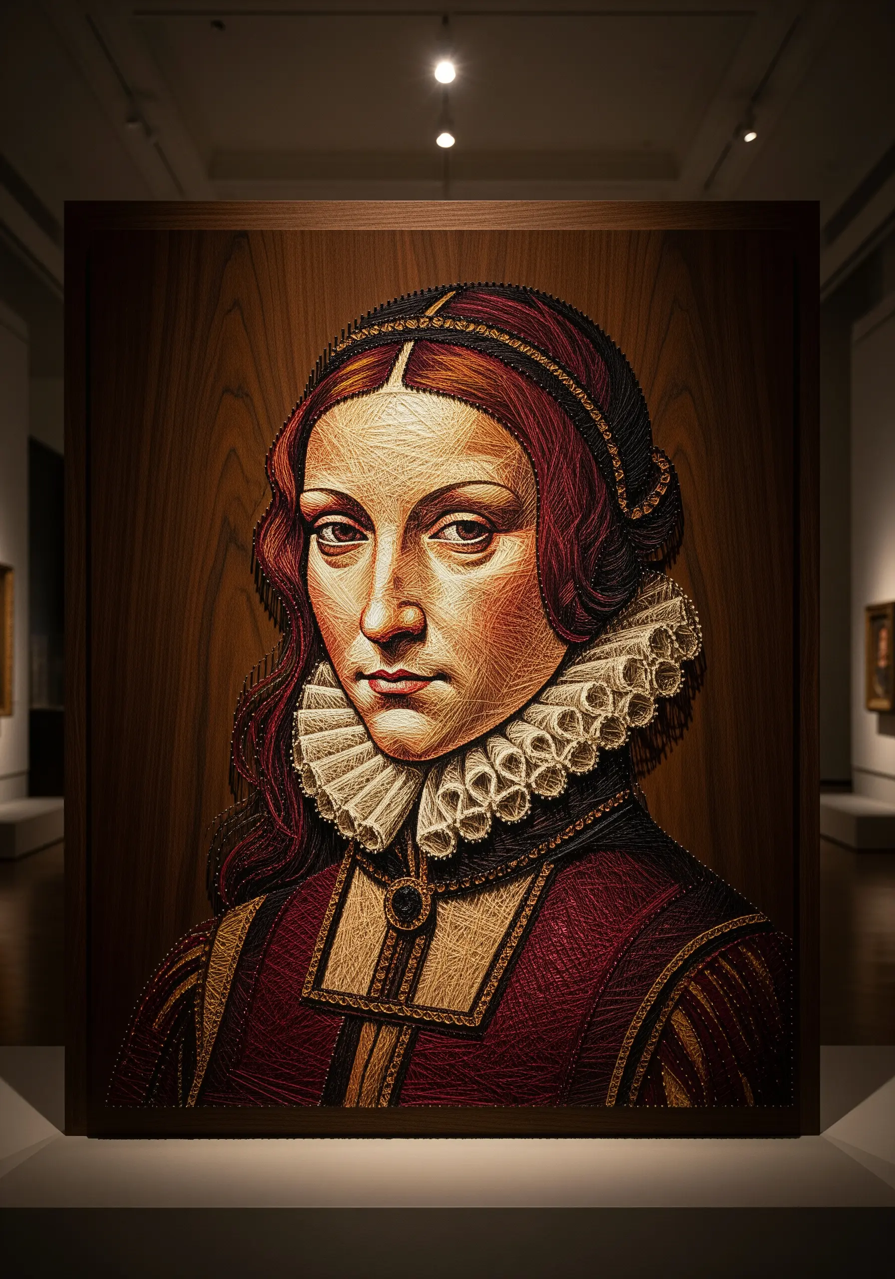 A Renaissance-style string art portrait with detailed thread work for the lace collar and clothing.
