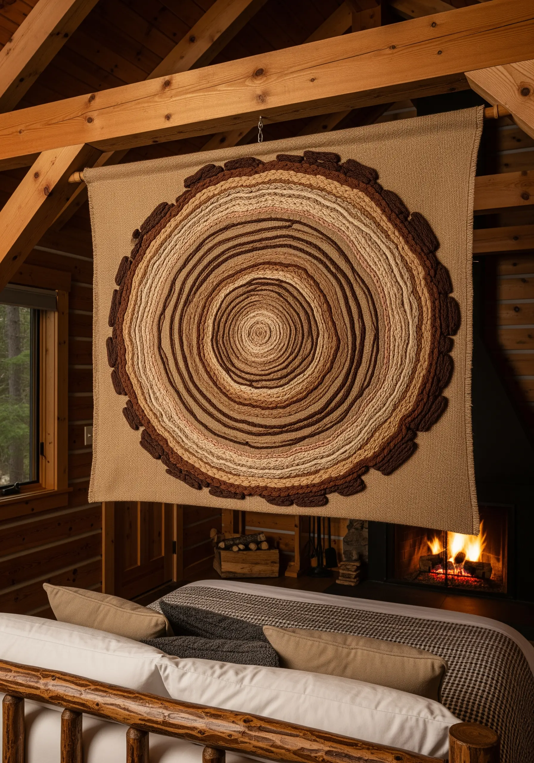 A large, textured embroidery of tree rings in various shades of brown, hung in a rustic cabin.