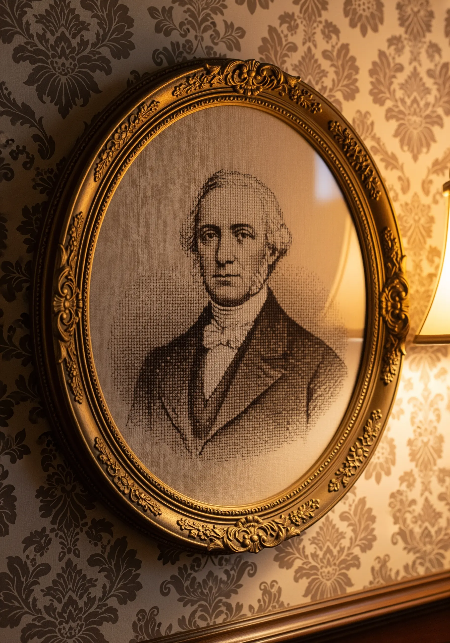 A monochrome embroidered portrait in a vintage style, mimicking an old engraving.