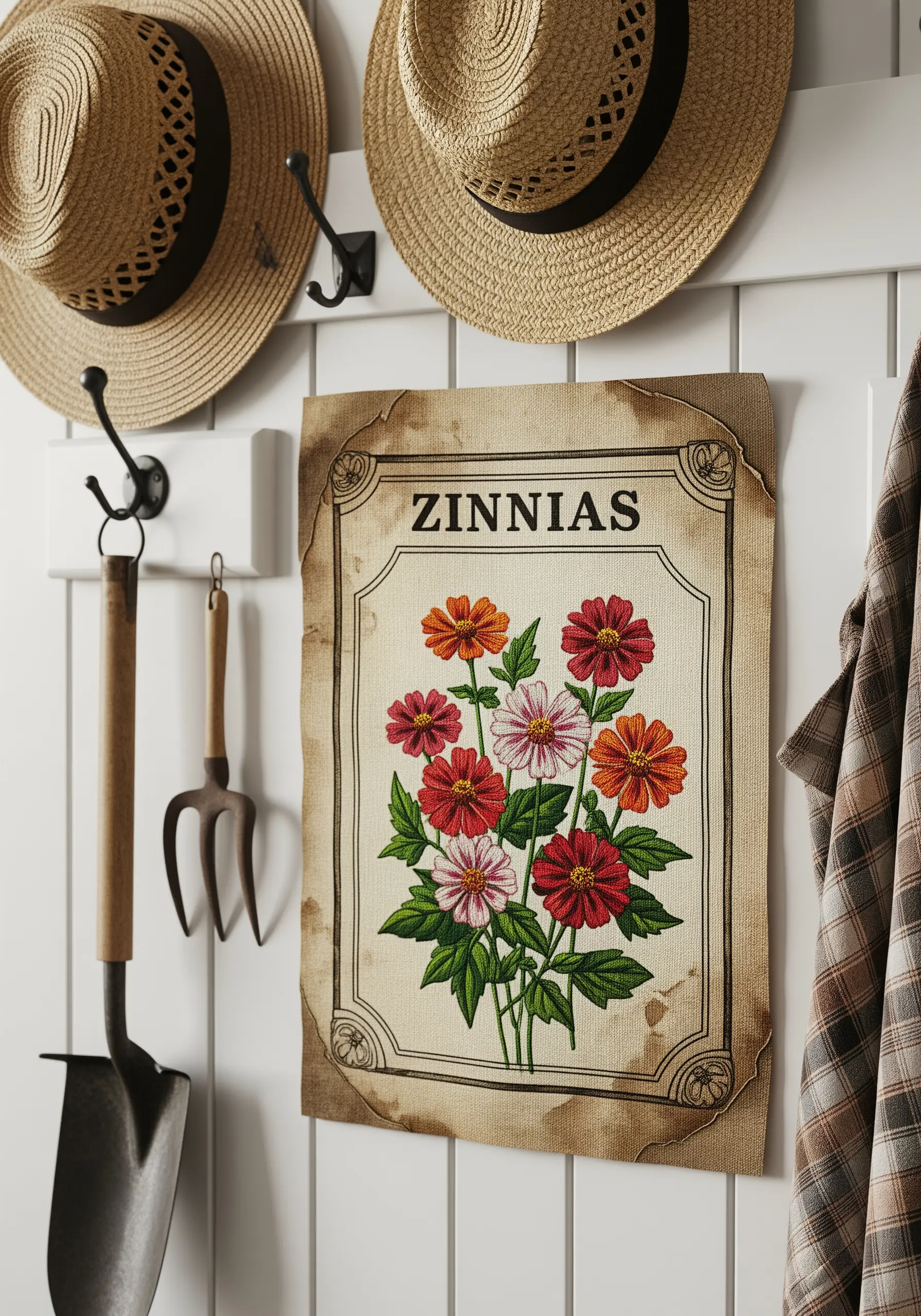 Embroidery of a vintage zinnia seed packet design on aged-looking fabric