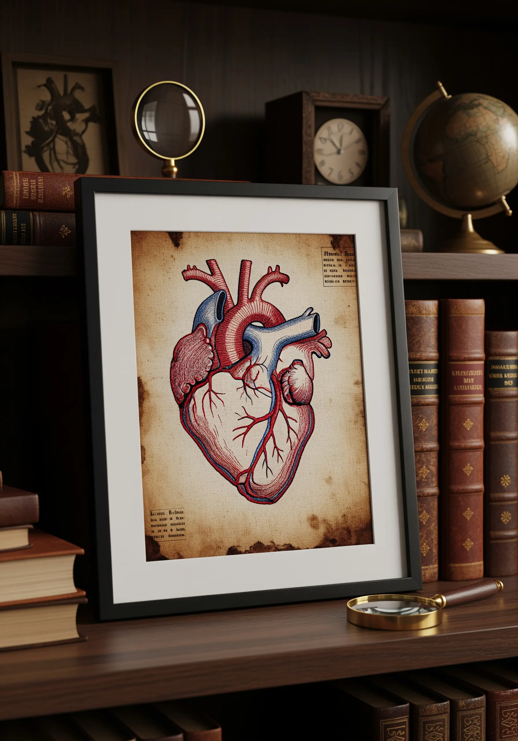 Anatomical heart embroidery stitched on aged-looking fabric in a simple black frame.