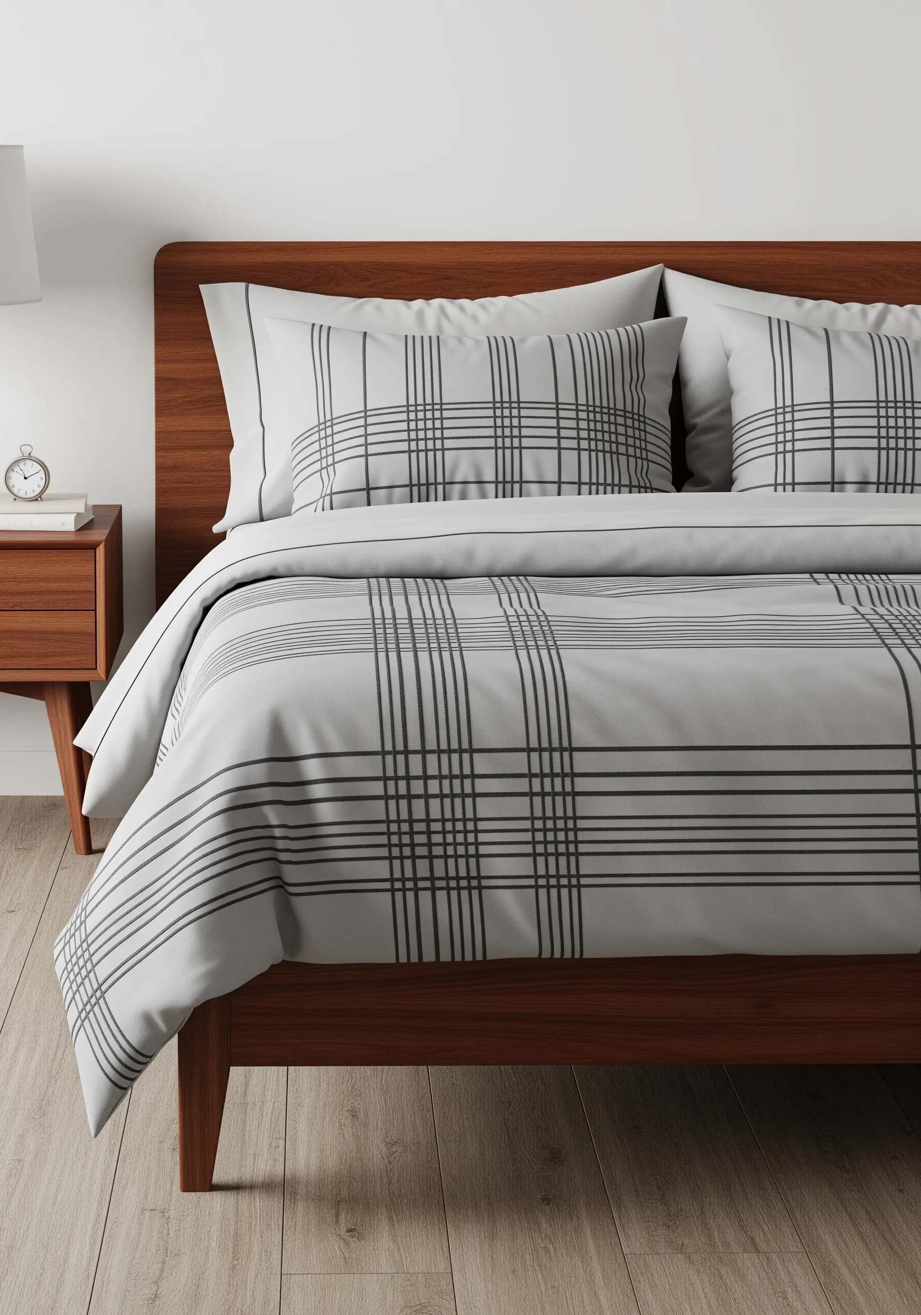 A modern plaid pattern embroidered in dark gray running stitch on a light gray duvet cover.