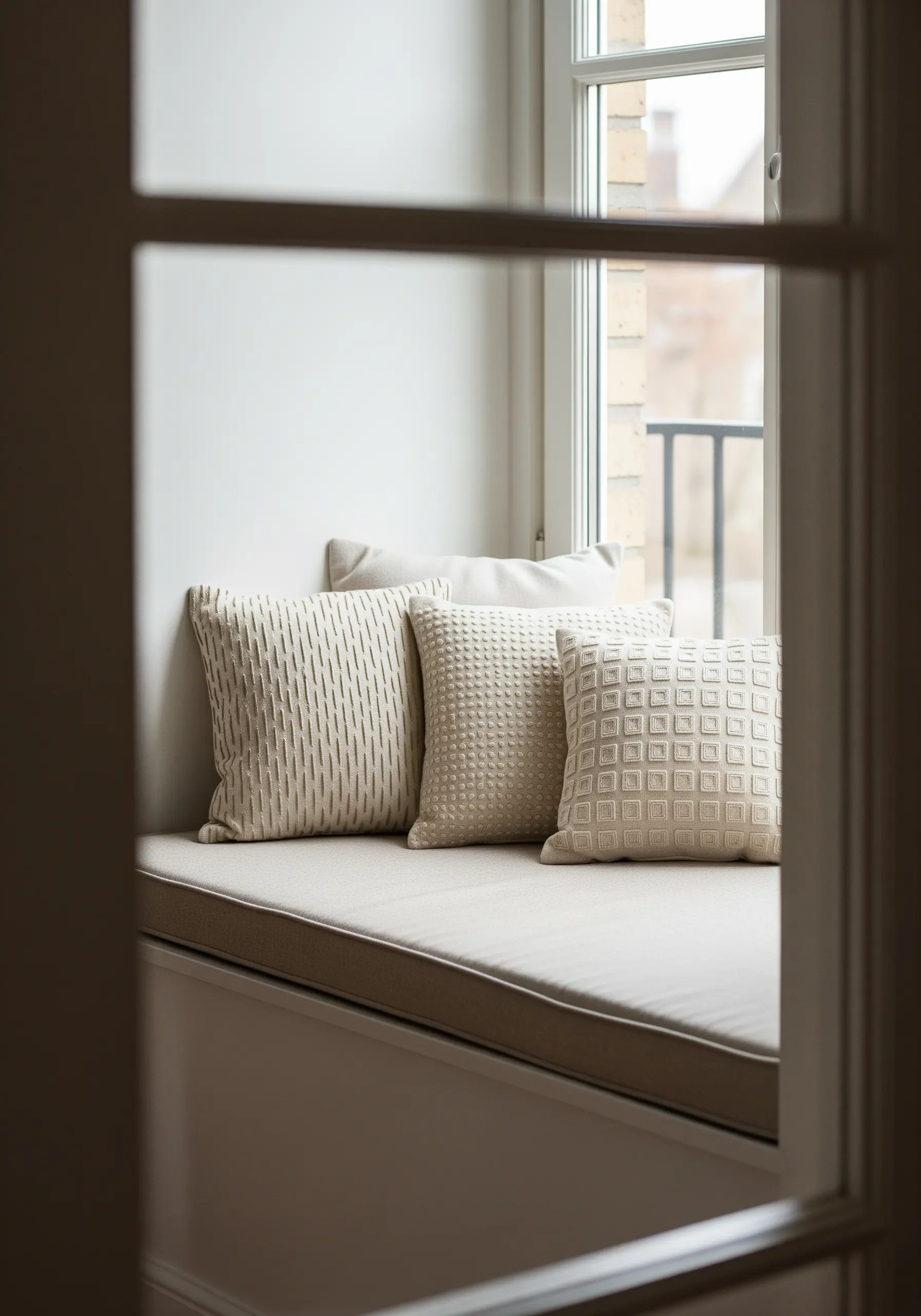Three neutral pillows, each with a different raised, woven-style embroidery texture