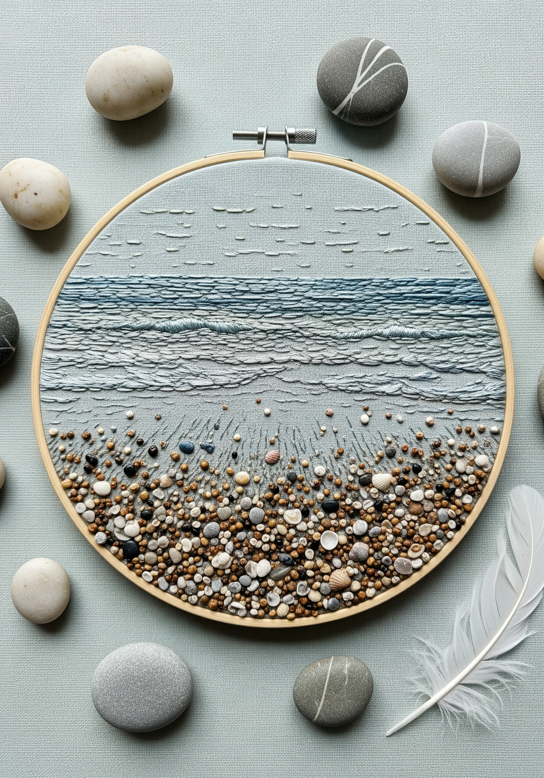 Hyper-realistic pebble beach embroidery with dense French knots and seed beads.