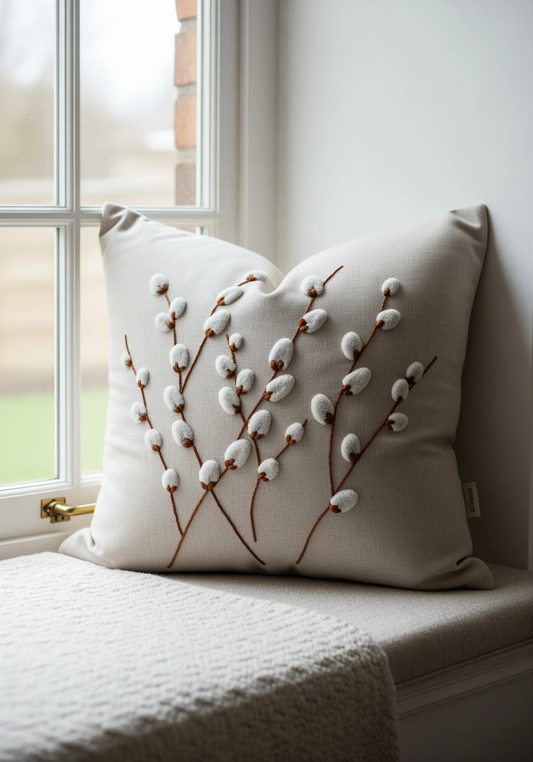 A linen cushion embroidered with pussy willow branches featuring 3D fuzzy buds.