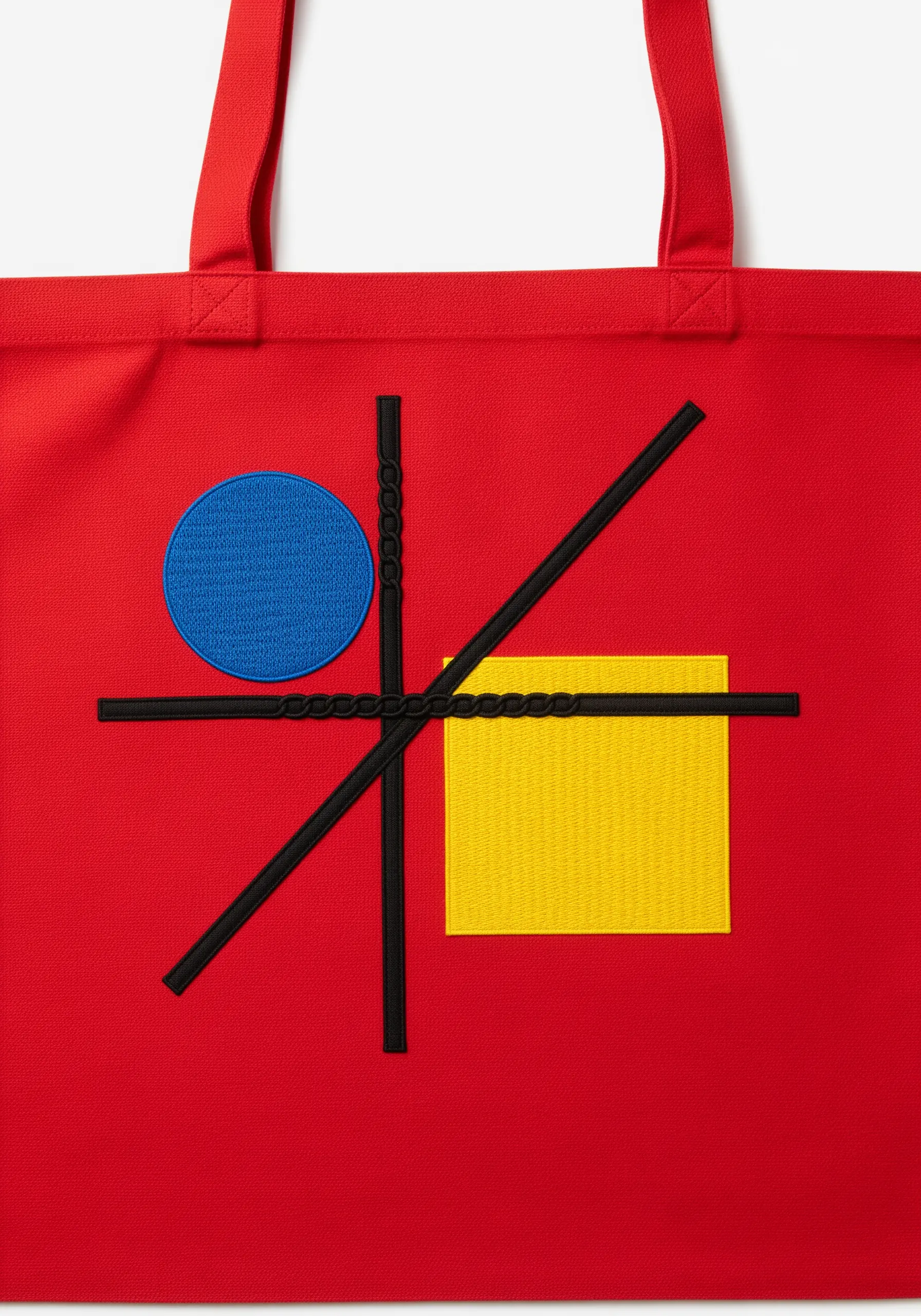 A modern art-inspired design with a blue circle, yellow square, and black lines on a red tote.